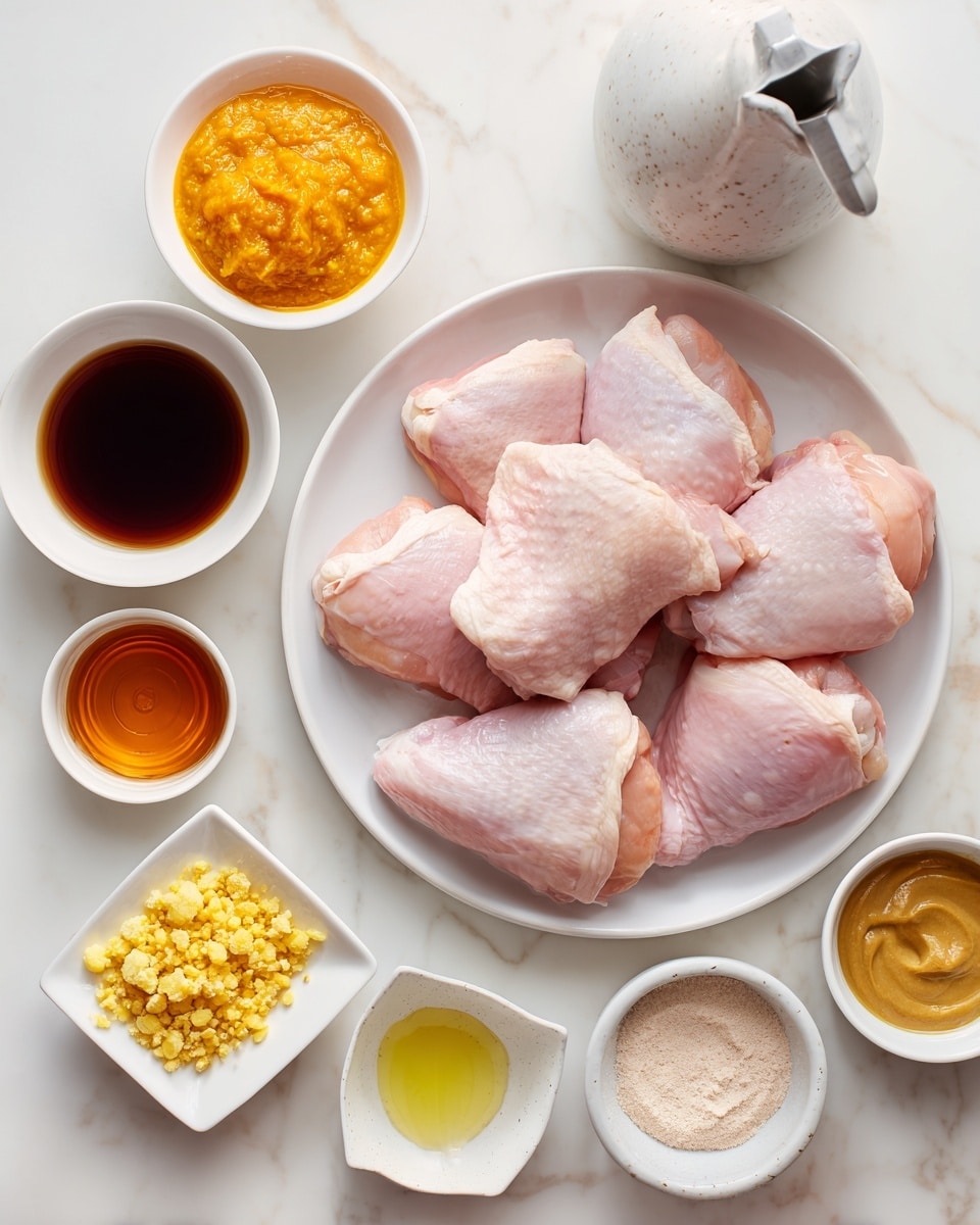 The image shows a top view of a white plate filled with raw pink chicken thighs with smooth and slightly shiny skin, placed in the center right of a white marbled surface. Surrounding the plate are eight small white bowls and containers holding different ingredients: on the upper left, a white bowl with bright orange chunky sauce, next to it a tall white speckled bottle with a metal pour spout; below the sauce bowl is a white bowl filled with dark soy sauce, and to its right is a small white bowl with light brown mustard. Below these, a small white bowl contains a clear amber liquid, likely vinegar or oil. Below that are two white square dishes, one holding finely minced yellow ginger and the other minced pale yellow garlic. To the far bottom left, a small white round dish holds a light powder, likely a spice or flour. The overall setting is clean and neat on a bright white marbled background, with good natural light enhancing the colors and textures of all elements. photo taken with an iphone --ar 4:5 --v 7