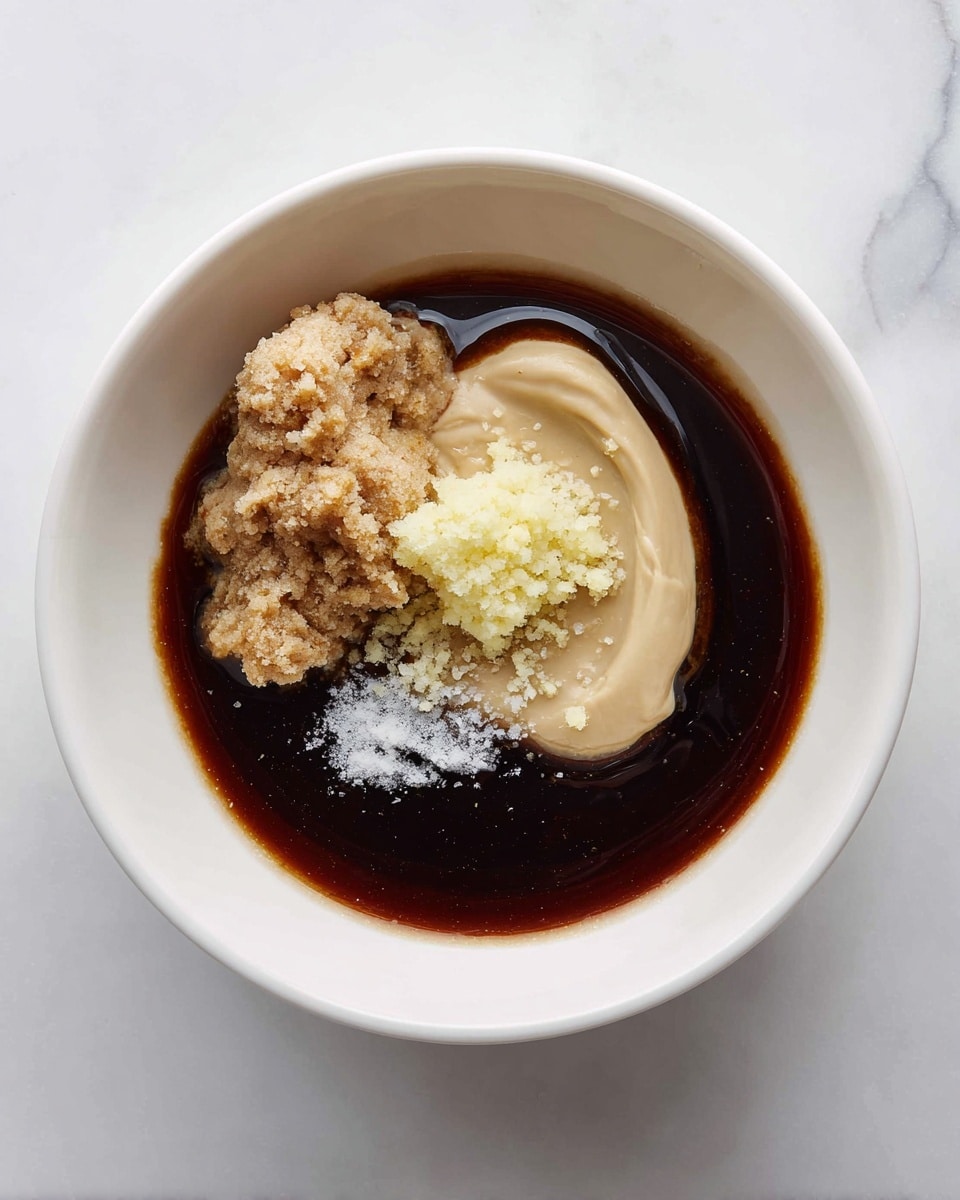 In the white bowl, there is a dark brown liquid sauce filling most of the base. On top of the sauce, there are several paste-like layers in different spots: a thick, smooth, light beige spread on the right side, a small pile of finely grated pale yellow ginger near the top center, a blob of chunky light brown paste on the left side, and a small sprinkle of white powder near the bottom middle. The bowl is placed on a white marbled surface. photo taken with an iphone --ar 4:5 --v 7