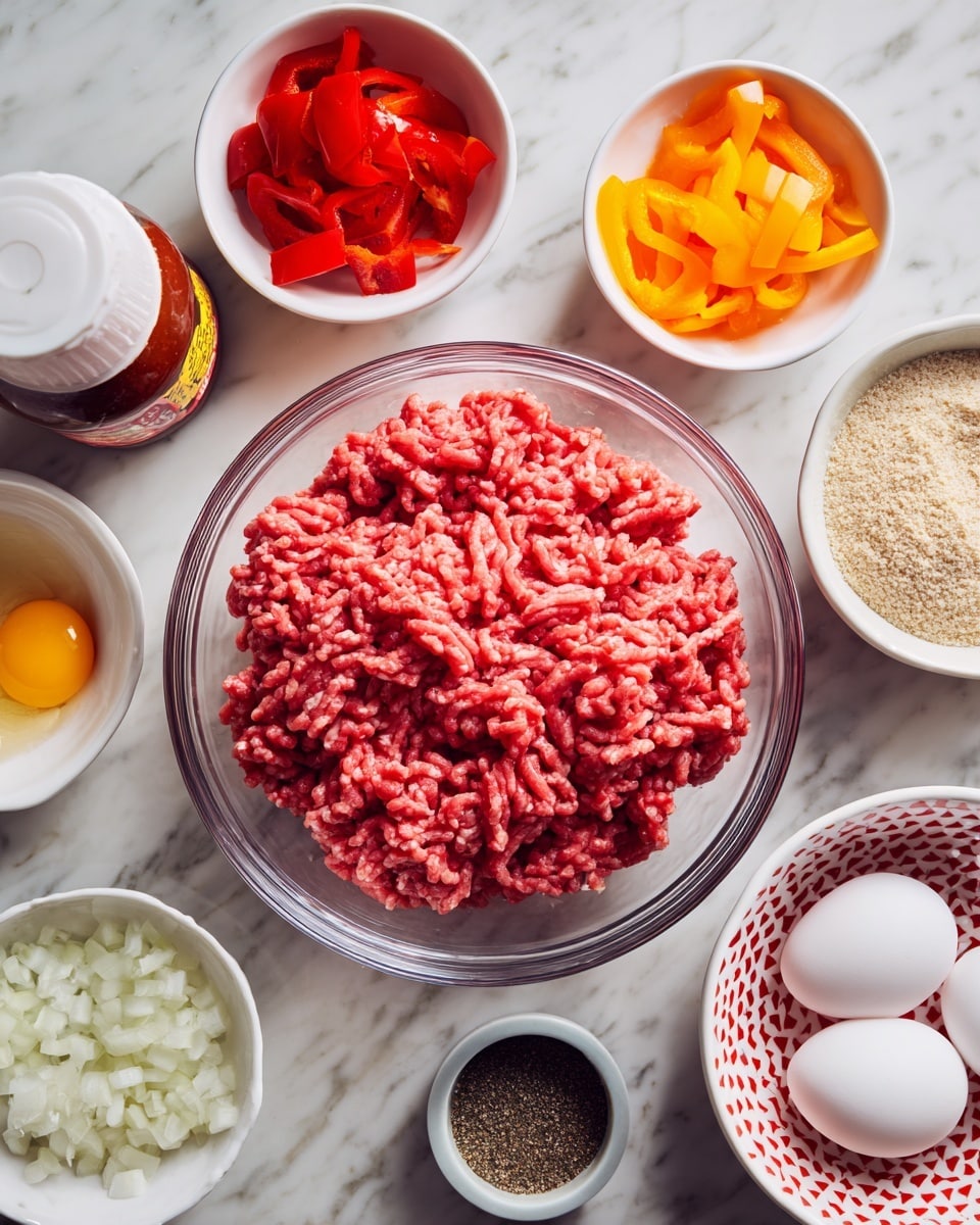 A clear glass bowl sits in the center filled with raw ground beef that is bright pink and finely textured. Around it, six small bowls and containers are arranged on a white marbled surface. At the top left is a white bottle of barbecue sauce with a red and yellow label. Next to it, a white bowl holds colorful small bell peppers in red, orange, and yellow. To the right, a white bowl contains a beige, coarse powder, likely seasoning or bread crumbs. Below this bowl is a small dark container labeled as grill seasoning. On the lower left side, a white bowl holds chopped white onions, and to the right of it, a white bowl with a red pattern has two white eggs. The scene is brightly lit, showing clear details of each food item, photo taken with an iphone --ar 4:5 --v 7