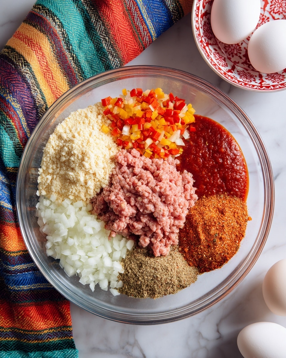 A clear glass bowl holds six layers of ingredients arranged neatly side by side: finely chopped white onions on the bottom left, light beige breadcrumbs in the top left, small chopped orange and red peppers at the top, raw pink ground meat in the center, a smooth dark red sauce on the right, and a coarse brown spice mix on the bottom right. The bowl sits on a white marbled surface with a colorful striped cloth behind it. To the right, a small white bowl with red patterns holds two whole white eggs. Photo taken with an iphone --ar 4:5 --v 7