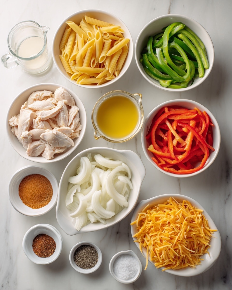 Several white bowls and small dishes are arranged on a white marbled surface. There are five medium white bowls containing yellow penne pasta, green bell pepper strips, red bell pepper strips, white onion slices, and small pieces of raw chicken. One small white bowl holds a light yellow liquid, possibly oil, and another white bowl contains shredded orange cheese. Around them are seven small white dishes with various spices: brown, red, light beige, black, and salt. There are also two clear measuring cups, one with white cream and the other with light brown liquid. photo taken with an iphone --ar 4:5 --v 7
