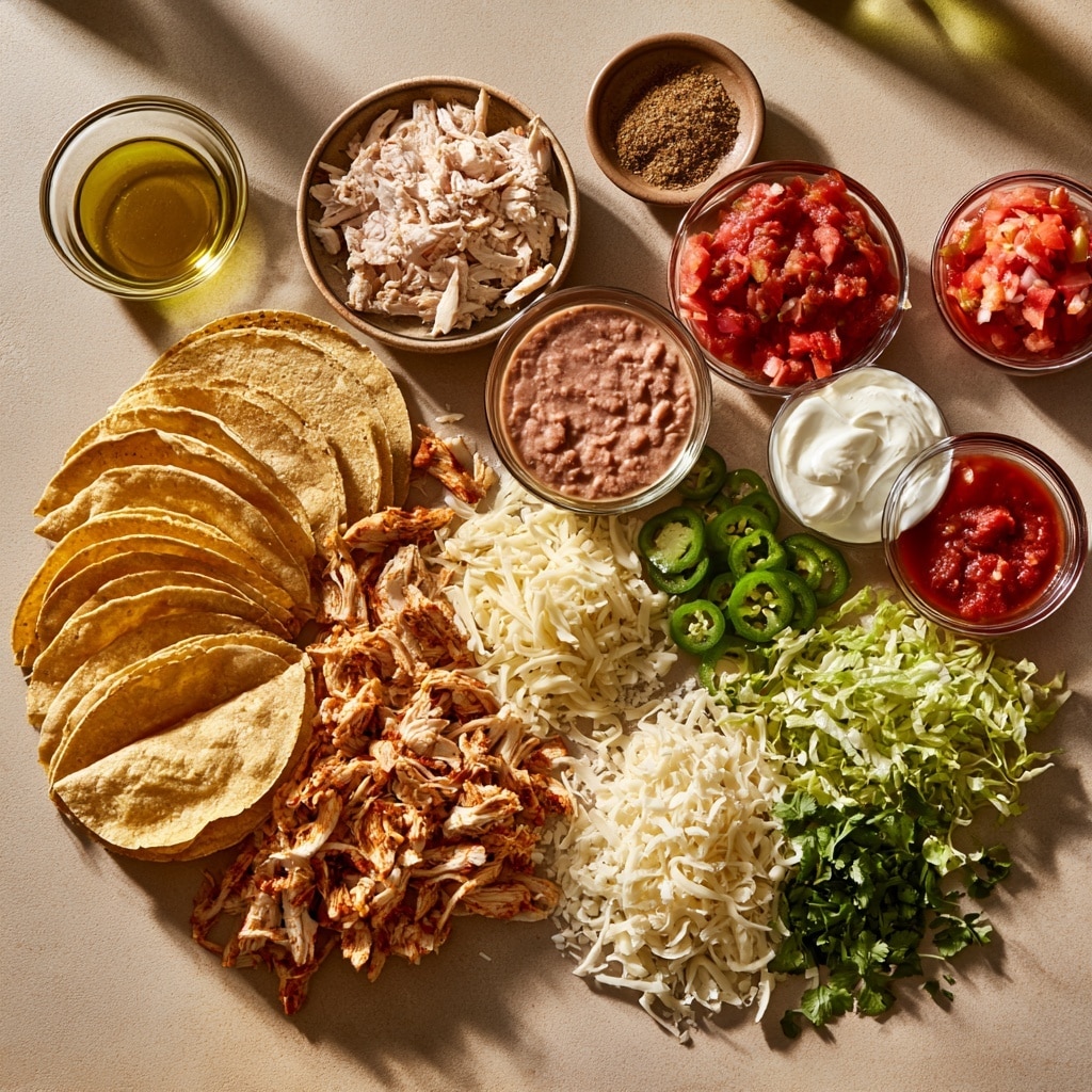There is a clear glass baking dish holding ten yellow taco shells standing upright and filled with a layered filling. Each shell has a base layer of cooked shredded chicken mixed with bits of red tomato, topped with a thick layer of melted white cheese sprinkled with green chopped herbs. The edges of the shells are slightly crispy and golden. The baking dish is placed on a white marbled surface, with small bowls of green sauce and white sour cream nearby. Photo taken with an iphone --ar 4:5 --v 7