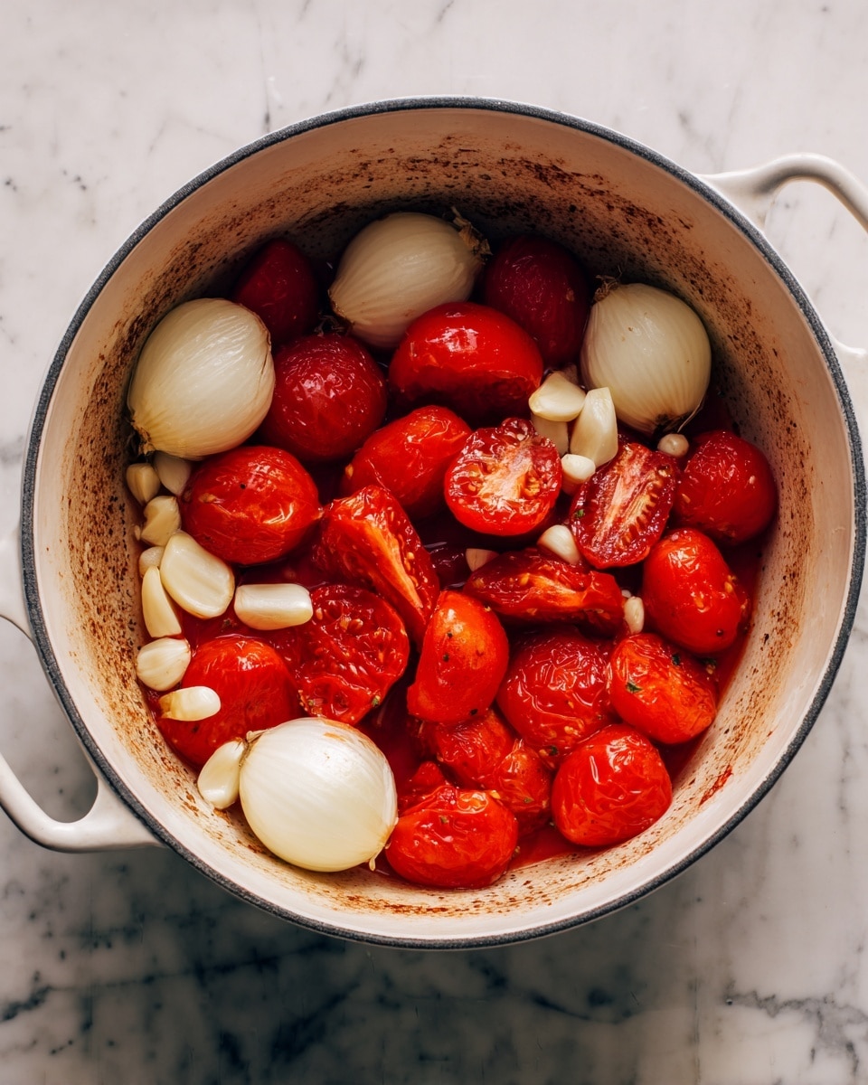 Inside a white pot, there are thick wedges of bright red tomatoes arranged mostly on one side, with some white garlic cloves scattered among them. On the other side, there are several round, pale onion sections showing smooth layers. The pot’s bottom has some brown cooked marks and a slightly rough texture. The whole pot is on a white marbled surface. photo taken with an iphone --ar 4:5 --v 7
