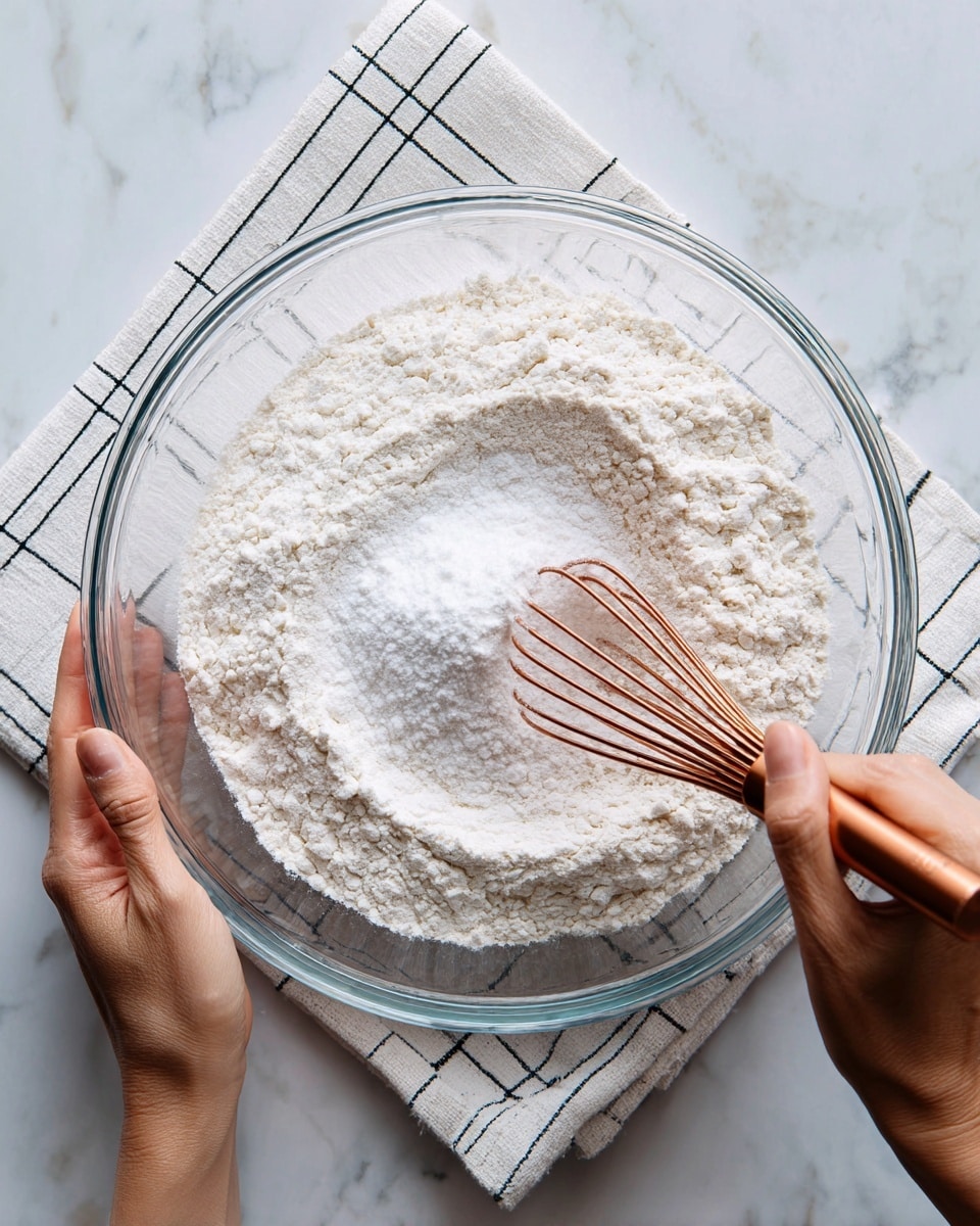 A clear glass bowl is filled with white flour and a small pile of white baking powder in the center, resting on a white marbled surface next to a white cloth with a black grid pattern. A woman’s two hands hold a copper-colored whisk, stirring the dry ingredients together inside the bowl. The texture of the flour looks soft and powdery, and the motion of whisking creates a slight rising swirl of flour. Photo taken with an iphone --ar 4:5 --v 7