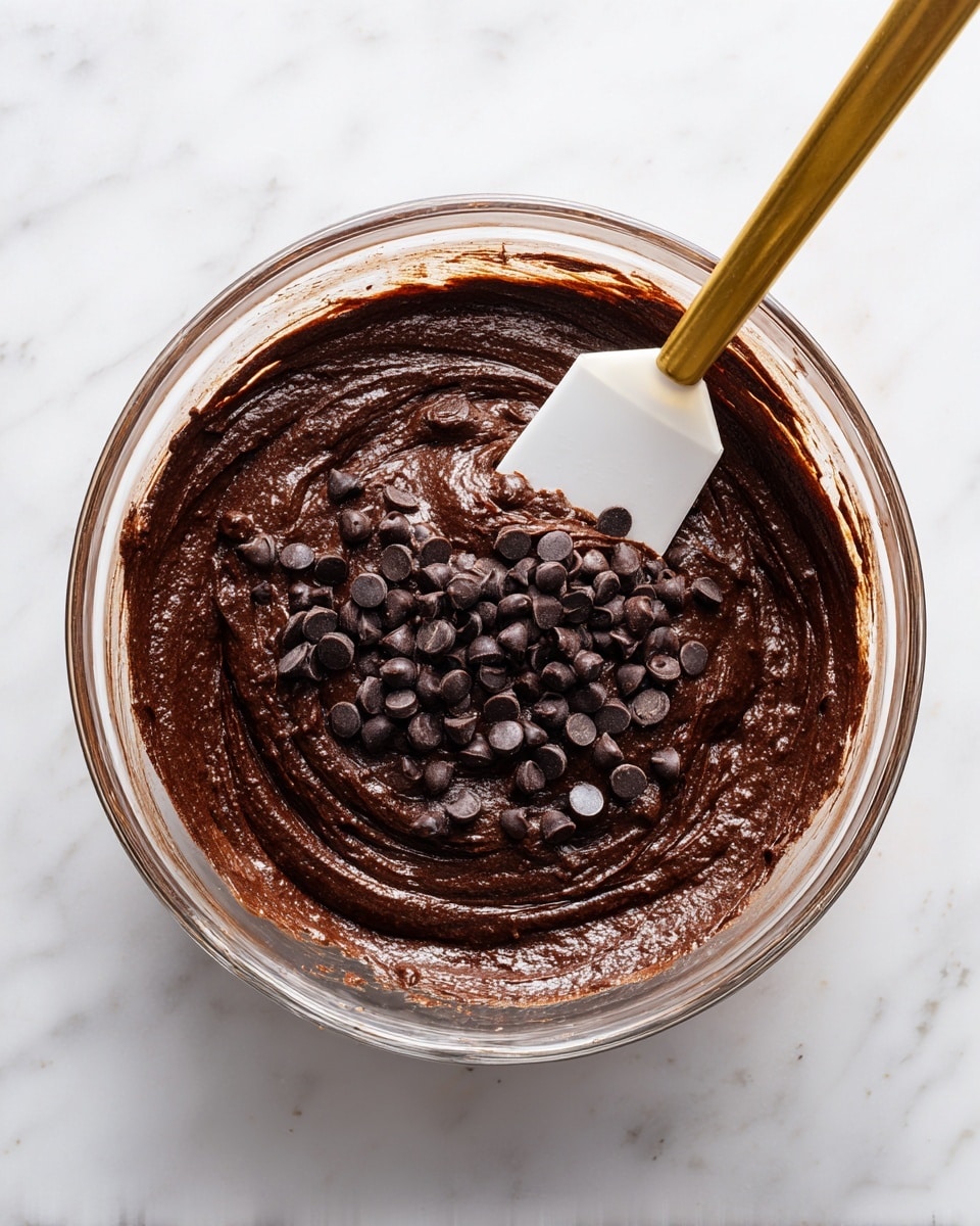 A clear glass bowl holds thick, dark brown chocolate batter with a smooth yet slightly textured surface. Scattered evenly across the top are many small, dark chocolate chips, adding a bumpy texture contrast. A white spatula with a golden handle is partly dipped into the batter, lifting some and showing swirled patterns on the surface. The bowl sits on a white marbled surface, giving a clean and bright background. Photo taken with an iphone --ar 4:5 --v 7