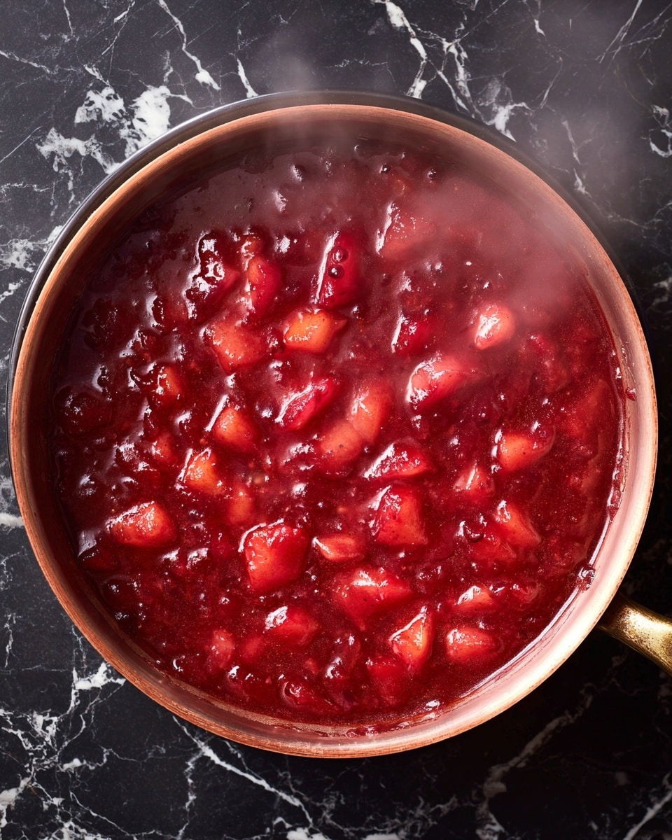 A top view of a pot filled with chunky red sauce cooking on a black stove. The sauce is thick and shiny, with pieces of soft fruit that are light pink to deep red, floating evenly in the sauce. The pot is copper with a smooth light brown rim, sitting on a dark black surface. There is steam rising from the sauce showing that it is hot. No other objects are visible in the frame, and the background is a white marbled texture. photo taken with an iphone --ar 4:5 --v 7