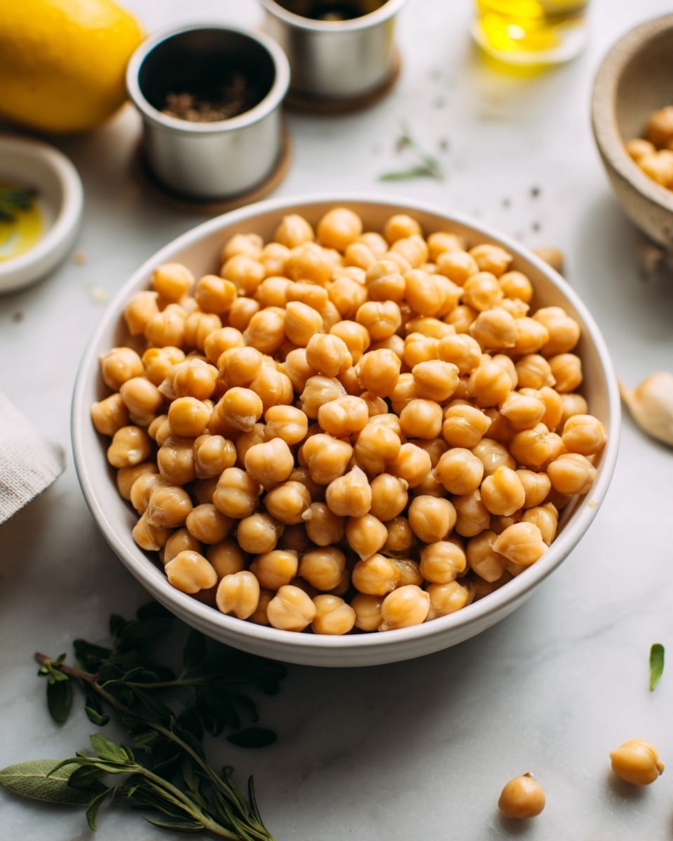 A white bowl filled with light golden chickpeas, each chickpea smooth and round, piled in one layer inside the bowl. The bowl is placed on a white marbled surface. In the softly blurred background, there are yellow lemon halves, small metal containers with spices, a small white bowl, a glass container with olive oil, and some green herbs, all arranged casually. The lighting highlights the shine on the chickpeas and the textures of the bowls and containers. photo taken with an iphone --ar 4:5 --v 7