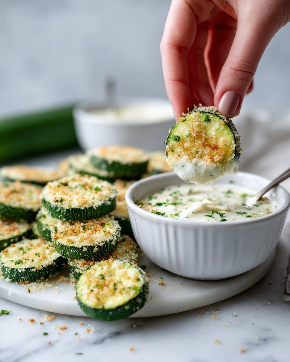 A woman's hand is dipping a round green slice of zucchini into a white bowl filled with a light yellow, crumbly coating mixed with green herbs. The zucchini slice is halfway covered in the coating, showing a rough texture on one side and smooth green skin on the other. Behind this, a white bowl with a spoon inside contains a creamy white mixture. In the background, multiple green zucchini slices are arranged in rows on a white marbled surface. The whole scene is bright, with a soft focus on the background and clear sharpness on the hand and bowl in front. photo taken with an iphone --ar 4:5 --v 7