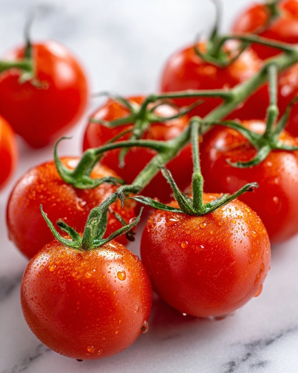 A bunch of shiny, bright red cherry tomatoes still attached to their green vine, arranged closely together on a white marbled surface. The tomatoes are round, smooth, and fresh with a few small water droplets on their skin, enhancing their freshness. The green stems and leaves create contrast against the vibrant red tomatoes and white background, with some tomatoes slightly blurred in the background, adding depth to the image. photo taken with an iphone --ar 4:5 --v 7