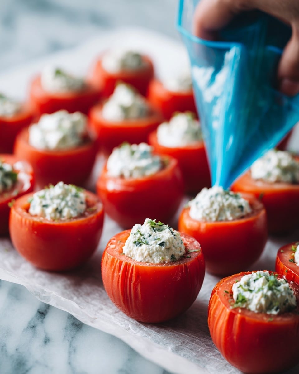 The image shows a close-up of bright red tomatoes with their tops removed, arranged in neat rows on a white textured paper. Each tomato acts as a small bowl, filled with a creamy white filling that is being piped from a blue bag held by a woman's hand positioned above the tomatoes. The filling has a smooth texture and appears to have small green herbs mixed in. The scene is set on a white marbled surface, highlighting the vibrant colors and textures of the tomatoes and filling. Photo taken with an iphone --ar 4:5 --v 7