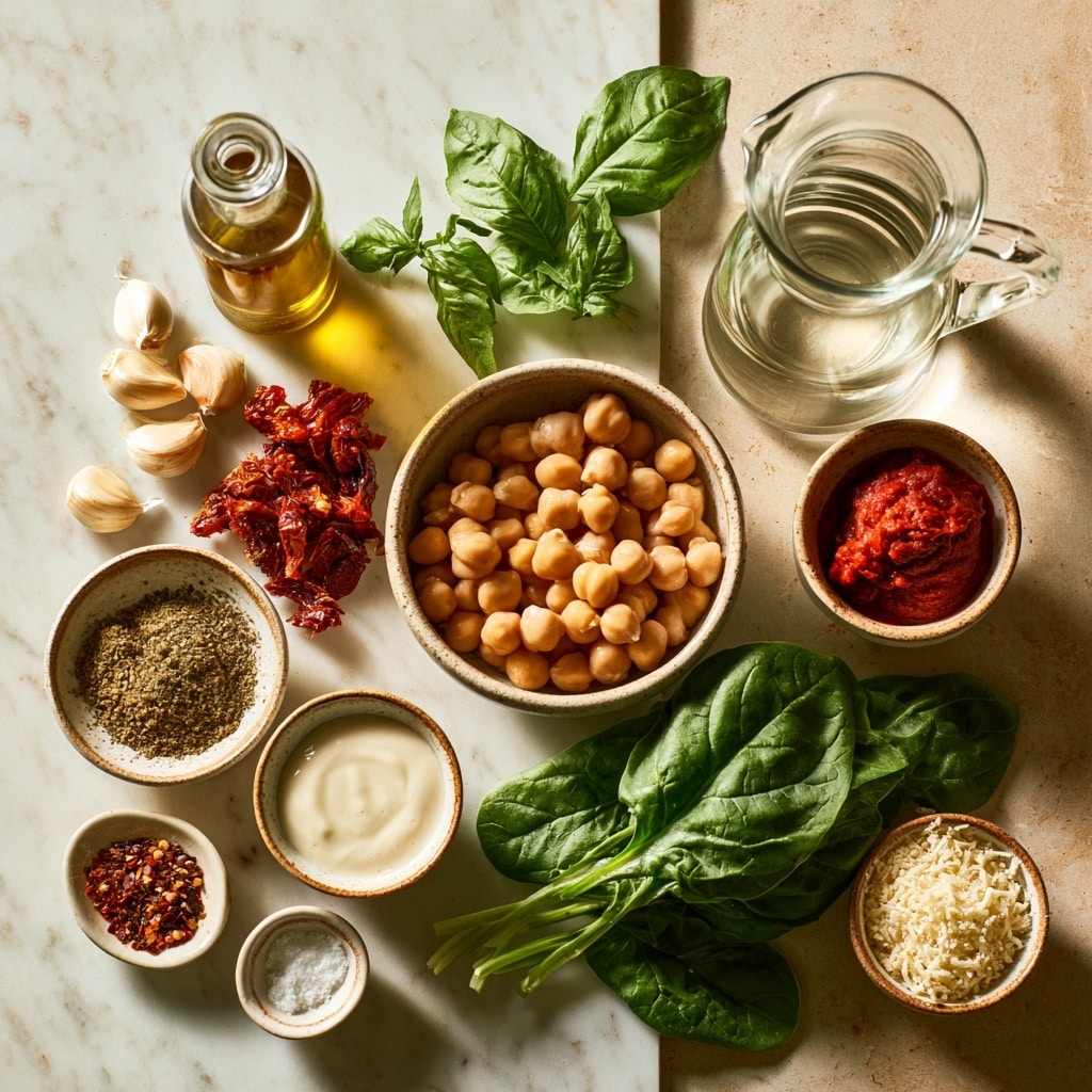 The image shows a close-up of a skillet filled with three main layers. The bottom layer is a creamy liquid broth with a light yellow color, filled with chickpeas scattered evenly throughout. On one side, there is a dollop of dark red paste sitting on top of the broth. The top layer is a big pile of fresh, bright green spinach leaves covering about half of the surface. The skillet has a silver handle and is placed on a white marbled surface. photo taken with an iphone --ar 4:5 --v 7
