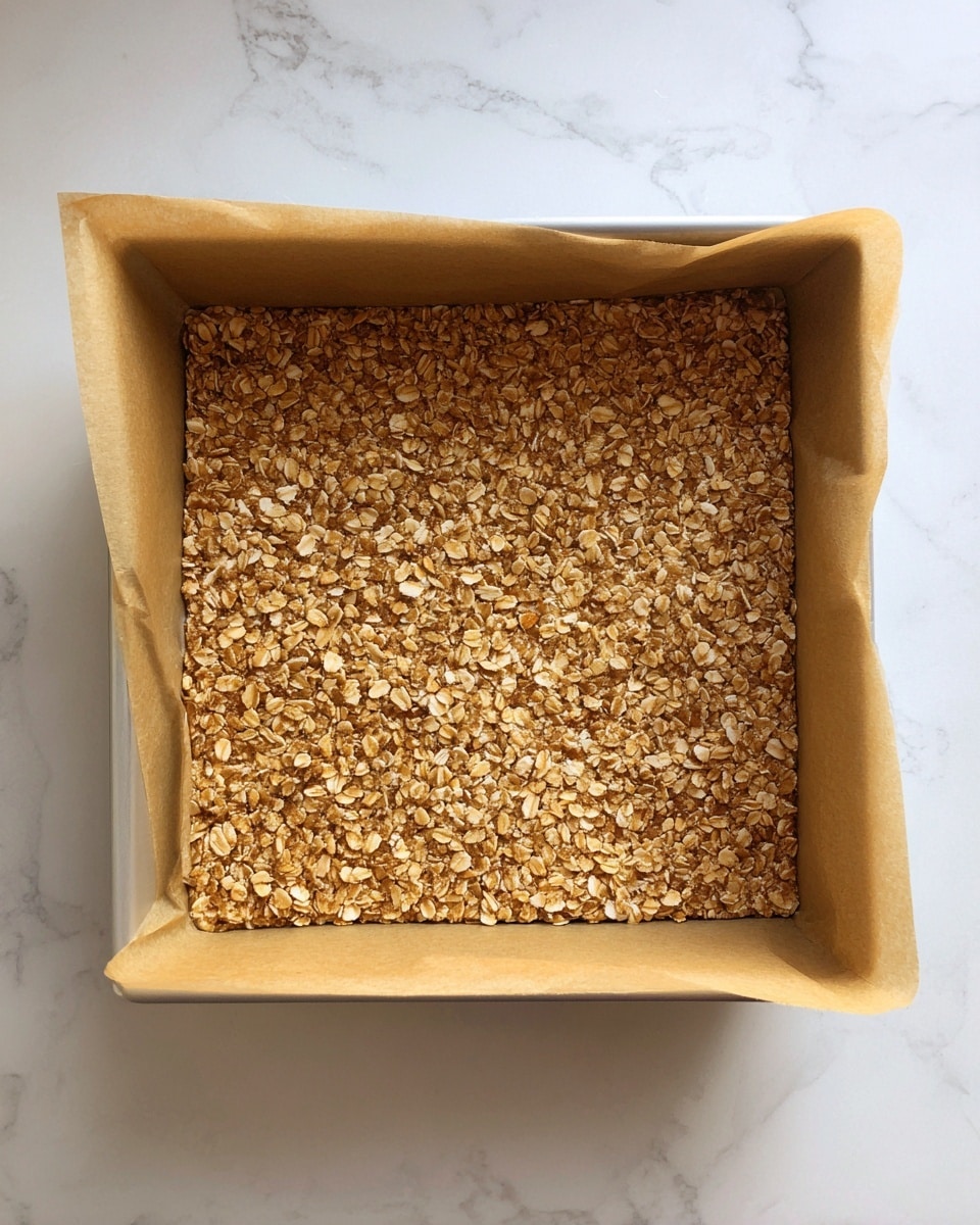 A square baking pan lined with light brown parchment paper holds a single flat layer of golden brown oat mixture with visible whole oats creating a rough and grainy texture. The oat layer is evenly spread to the pan’s edges, and the pan sits on a white marbled surface. photo taken with an iphone --ar 4:5 --v 7