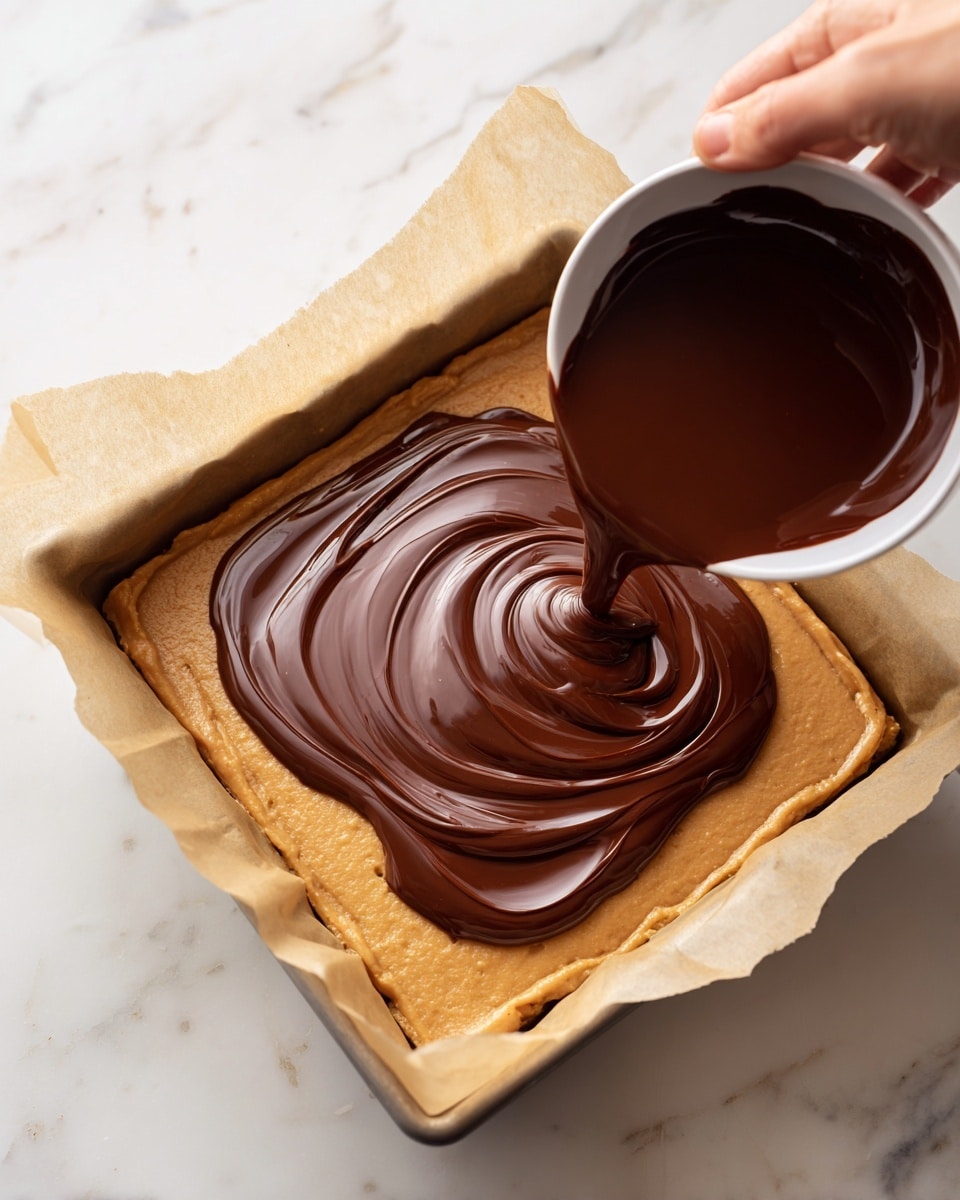 A square baking pan lined with parchment paper holds a thick, smooth layer of light brown peanut butter mixture spread evenly across the base. On top, a glossy, dark chocolate sauce is being poured in a wavy pattern from a white bowl held by a visible woman's hand at the bottom right corner. The surface under the pan is white marble, contrasting softly with the rich colors of the dessert layers. photo taken with an iphone --ar 4:5 --v 7