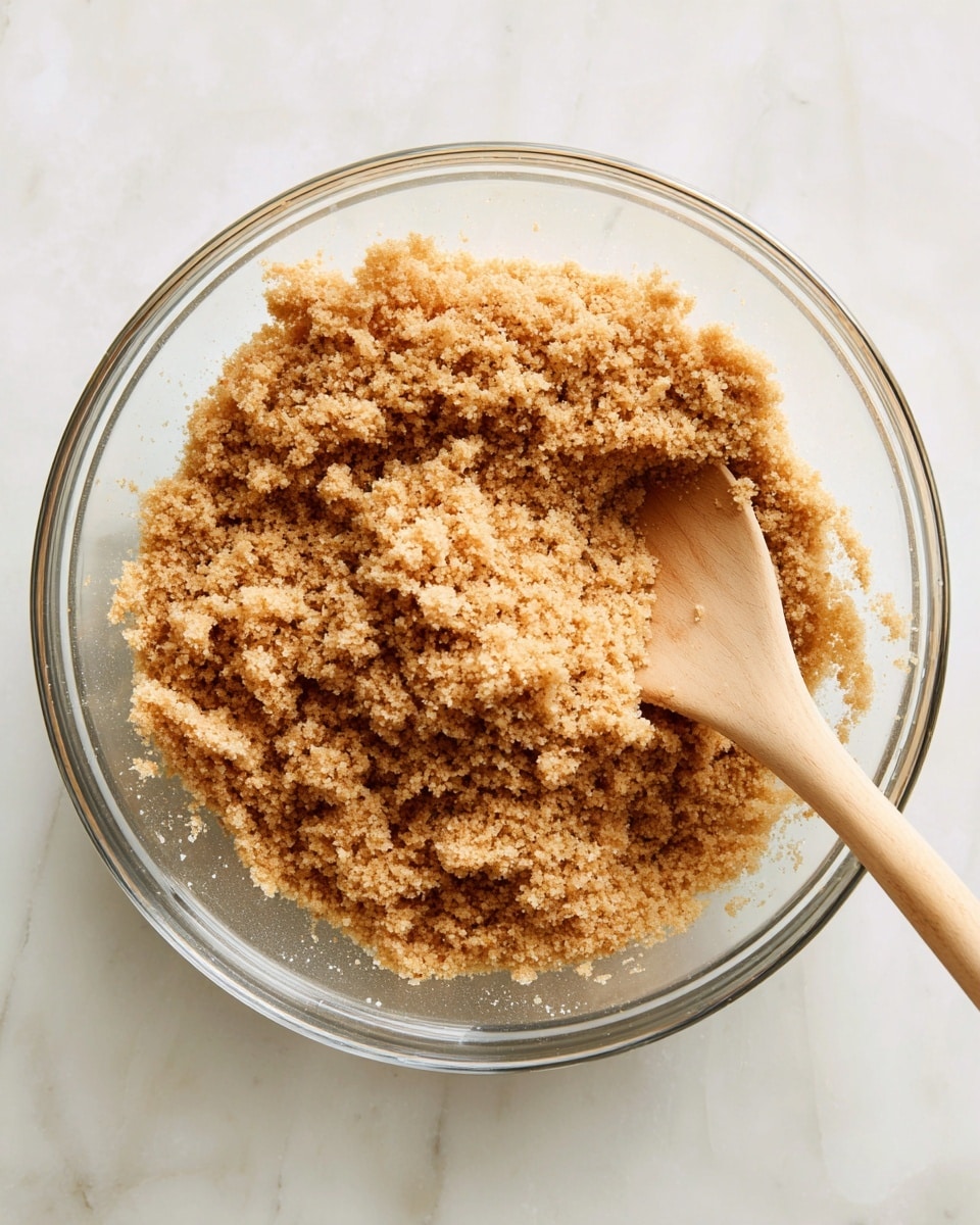 A large clear glass bowl filled with light brown crumbly mixture, being stirred with a light wooden spoon on the right side resting inside the bowl, all placed on a white marbled surface. The texture of the mixture is grainy and uneven, showing small clumps and loose crumbs. Photo taken with an iphone --ar 4:5 --v 7