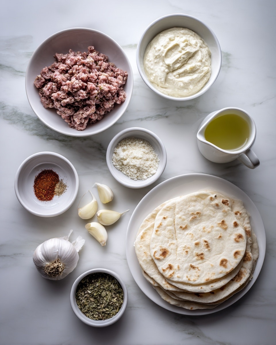 The image shows a collection of ingredients arranged neatly on a white marbled surface. There are two white bowls filled with ground meat and a white creamy sauce, positioned near the center. Surrounding them are small white bowls containing spices—one with a reddish powder, another with white granules, and one more with greenish herbs—along with a small white bowl holding a light yellow solid. Three garlic cloves are placed near the middle bottom. To the right, there is a white plate stacked with three flatbreads, slightly overlapping each other. Next to the flatbreads is a small white pitcher holding a light greenish-yellow liquid. All items are clear and separate in the frame, showing a clean and organized setup for cooking preparation. photo taken with an iphone --ar 4:5 --v 7