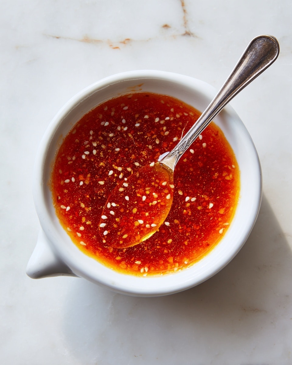A small white bowl with two small handles on the sides holds a single thick layer of orange-red chili oil sauce filled with tiny white sesame seeds floating all over the surface. A silver spoon with a simple design rests inside the bowl, partially submerged in the sauce and angled to the right. The bowl is placed on a white marbled surface that has light brown spots and texture. The shadow of the bowl is cast to the left, contrasting with the bright lighting on the right side. photo taken with an iphone --ar 4:5 --v 7
