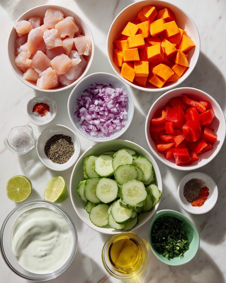 The image shows separate white bowls and small glass containers arranged on a white marbled surface. The top left white bowl holds pale pink raw cubed chicken pieces. To its right, a white bowl is filled with bright orange chopped sweet potatoes. Below the chicken, another white bowl contains sliced green cucumbers with visible seeds. Next to it on the right is a white bowl with diced red bell peppers. Below the cucumbers, a small white bowl holds finely chopped purple onions. To the right of the onions, a small green bowl has chopped green herbs. Next to it, a small white bowl contains lime wedges. Near the bottom, small clear glass bowls hold various spices in colors white, red, black, and a golden oil. A larger clear glass bowl at the very front contains white yogurt or a similar creamy ingredient. The setup is bright with natural light casting soft shadows. Photo taken with an iphone --ar 4:5 --v 7
