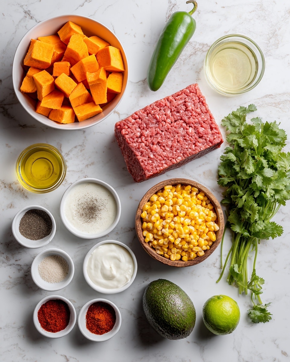 The image shows several ingredients neatly arranged on a white marbled surface. At the top left, there is a white bowl filled with bright orange cubed sweet potatoes, and next to it on the right, another white bowl holds a block of raw ground meat with a pinkish-red color and a soft texture. Below the sweet potatoes, a small white dish contains four different spices: white, red, black, and beige powders. Beside it on the right is a small white bowl with a creamy white sauce, and below it another small white bowl with a thick white cream. In the middle, a small glass container holds yellow cooking oil, next to a wooden bowl full of bright yellow corn kernels. To the right of the corn, a green chili pepper lies vertically, and below it is a whole avocado with a rough dark green skin. At the bottom right, there is a half lime with light green flesh, and next to it a bunch of fresh, bright green cilantro leaves. Two small white dishes filled with red spices add more color near the bottom center. The photo taken with an iphone --ar 4:5 --v 7
