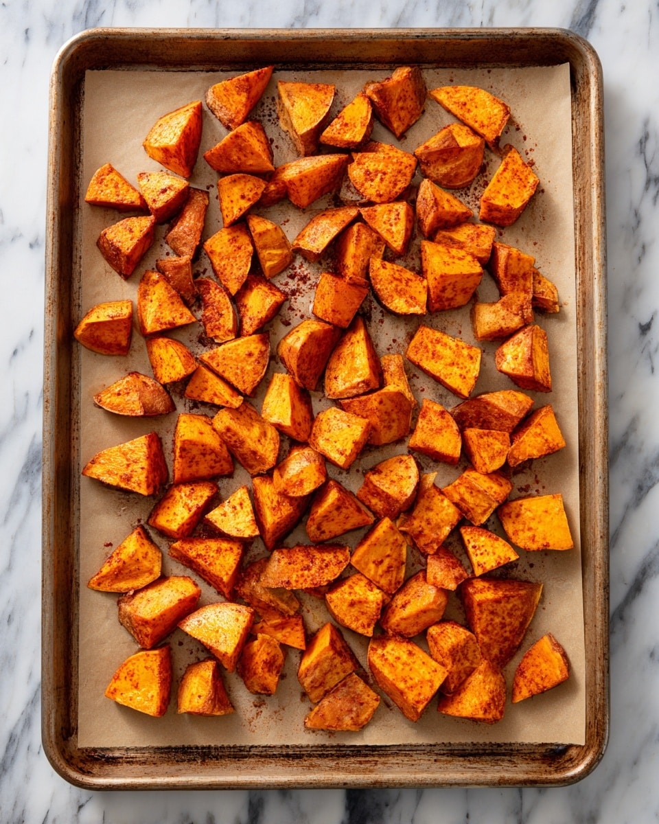 A baking tray lined with light brown parchment paper is filled with many pieces of roasted sweet potatoes, cut into medium-sized chunks of different shapes like cubes and wedges. The sweet potatoes have a bright orange color with a reddish-brown seasoning spread evenly all over them, giving a slightly rough texture. The tray edges show some roasted marks, and the whole scene is set on a white marbled surface. photo taken with an iphone --ar 4:5 --v 7