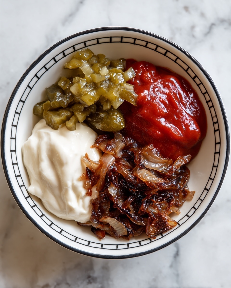 A close-up top view of a small white bowl with black grid lines filled with four visible layers of food: on the top left is a chunky layer of green pickles, below it a smooth bright red layer of ketchup, next to the ketchup a thick creamy white layer of mayonnaise, and on the right side a pile of cooked brown onions with some darker charred bits. The bowl is placed on a white marbled surface. photo taken with an iphone --ar 4:5 --v 7