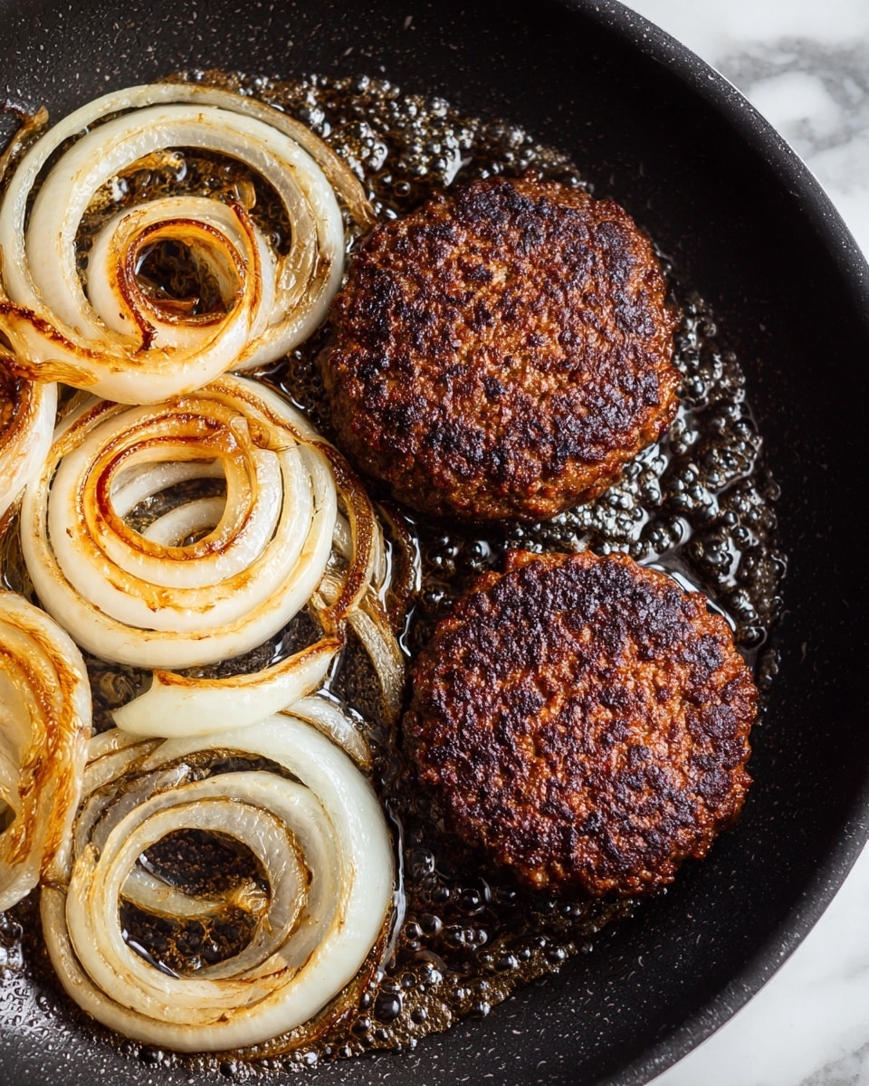 A close-up view of two cooked beef patties in a black pan, each with a dark brown, crispy crust and juicy texture, positioned on the right side of the pan. On the left side, there are five thick rings of onions, some with a golden-brown sear and slight caramelization, showing layers of white and translucent pale yellow. The pan shows some oil bubbling around the patties, and the background is a white marbled surface that contrasts with the dark pan. photo taken with an iphone --ar 4:5 --v 7