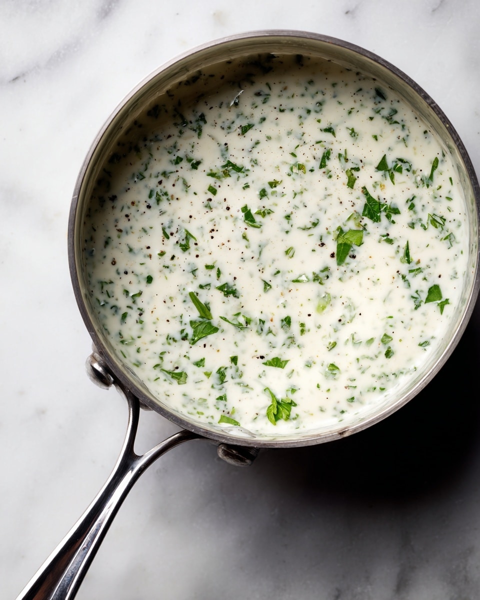 A shiny silver pot filled with a creamy white sauce speckled with small green and black herb bits, showing a smooth texture with a light gloss on the surface. The pot sits on a white marbled textured surface, and a dark shadow covers part of the sauce inside. The handle of the pot is visible, also metallic and reflecting light, angled towards the front. photo taken with an iphone --ar 4:5 --v 7