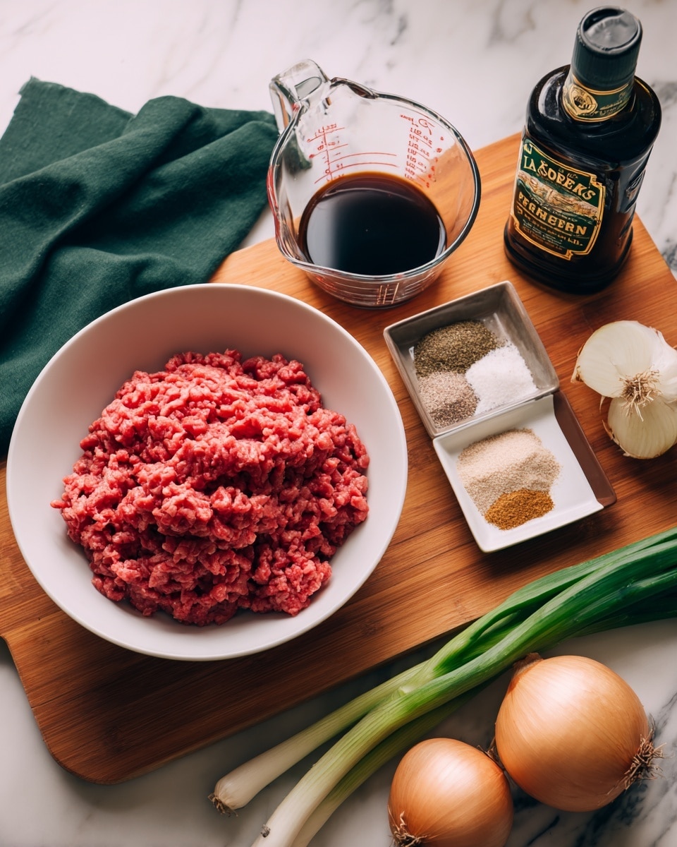 In the image, there is a white bowl filled with bright red ground meat placed on the right side of a wooden cutting board. To the left, a clear measuring cup holds a dark brown liquid, and next to it is a small white square dish with a light gray powder. On the right side of the white bowl, a small square brown dish contains four different light brown, tan, and white powdered spices arranged in sections. Two whole onions and two green onions lie on the wooden board in the bottom right. Behind everything, a bottle of Lea & Perrins Worcestershire sauce stands on the white marbled surface next to a dark green cloth. The background shows black tiles, completing the kitchen setting. Photo taken with an iphone --ar 4:5 --v 7