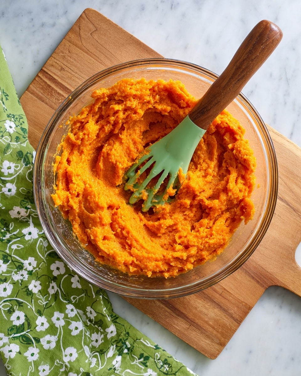 A clear glass bowl contains a bright orange mashed mixture with a slightly coarse texture. A green-handled metal masher is pressed into the orange mash, partially submerged in the center. The bowl sits on a wooden cutting board, with a green cloth with small white flower patterns in the background. The surface below is white marble with light gray veins. Photo taken with an iphone --ar 4:5 --v 7