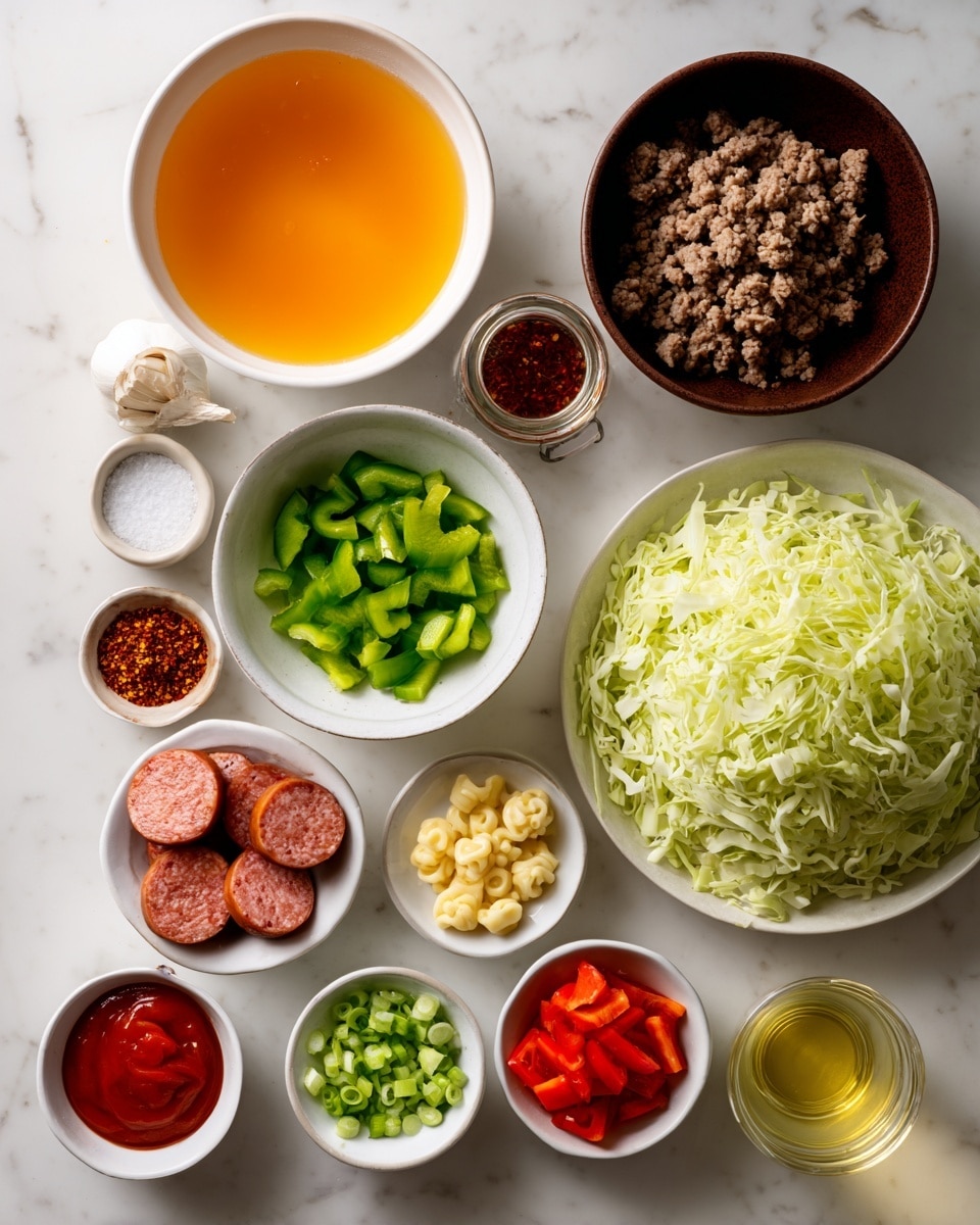 The image shows a top view of various ingredients arranged neatly on a white marbled surface. There is a white bowl with orange broth on the top left, next to a brown bowl with raw ground meat on the top right. Below the broth, a small white bowl holds chopped green bell peppers, and next to it is a small glass jar with red spices. To the right, a large white bowl is filled with shredded cabbage, with three garlic cloves on the surface nearby. Below the cabbage, slices of sausage are on a white plate. Around these, small white bowls contain chopped celery, red bell peppers, chopped green onions, two scoops of tomato paste, two glasses with light yellow liquid, and a bowl of small pasta stars. In the center, a small glass jar contains salt. Photo taken with an iphone --ar 4:5 --v 7