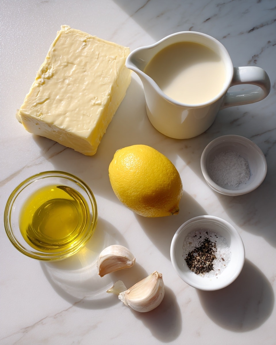 The image shows six ingredients arranged on a white marbled surface. There is a white measuring jug filled with a light cream liquid positioned at the top right. Below it to the left is a large block of pale yellow cheese with a hard texture. To the right of the cheese is a bright yellow lemon with a smooth surface. At the bottom left is a small clear glass bowl with golden olive oil. Next to the bowl on the right sits a small white dish holding coarse white salt and black pepper. At the very bottom are two pale garlic cloves with light brown skins, one whole and one slightly peeled. The light casts soft shadows around the objects. photo taken with an iphone --ar 4:5 --v 7