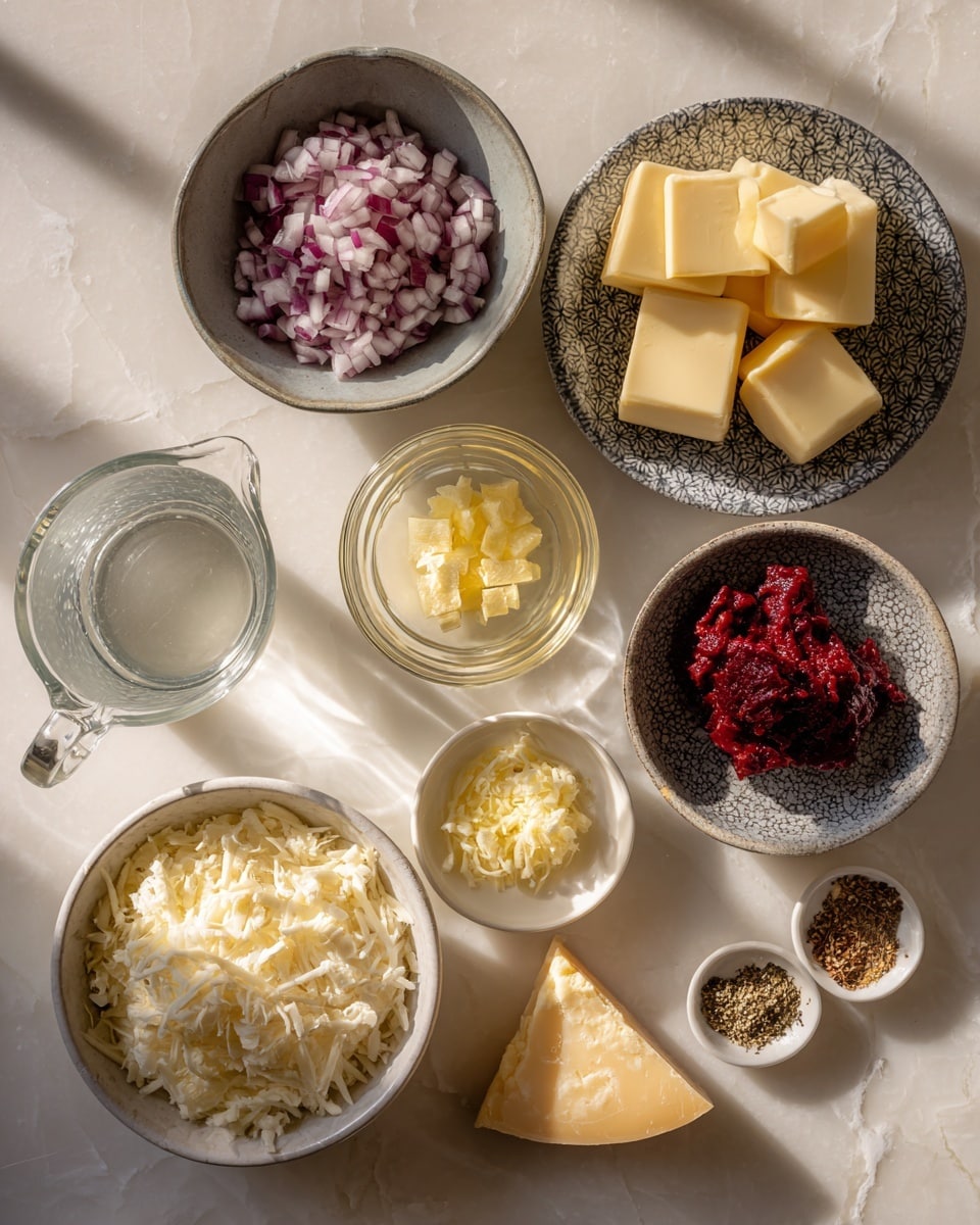 A top-down view of small bowls arranged on a light beige textured surface, each holding different ingredients: finely chopped red onions in a grey bowl at the top, two thick red paste portions in a patterned grey bowl on the right, light yellow butter squares in a grey bowl below the onions, finely grated pale yellow ginger in a small clear glass bowl near the center, a small glass bowl with water below the butter, a white measuring cup with liquid at the bottom left, a white bowl full of shredded white cheese below the cheese chunk, a triangular chunk of pale yellow cheese to the right of the ginger, and a small white dish at the bottom right with seven different ground spices in small piles. The scene is lit by natural light casting soft shadows, all placed on a white marbled texture photo taken with an iphone --ar 4:5 --v 7