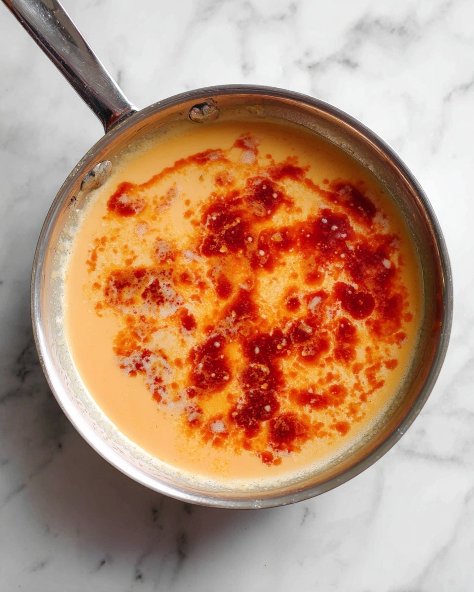 A metal pan holds a creamy light orange liquid base with patches of dark red, chunky sauce floating on top, giving a textured, mixed appearance. The sauce looks thick and richly colored, contrasting sharply against the smooth and lighter creamy layer beneath it. The pan is on a white marbled surface with some sauce splatters visible around it. photo taken with an iphone --ar 4:5 --v 7