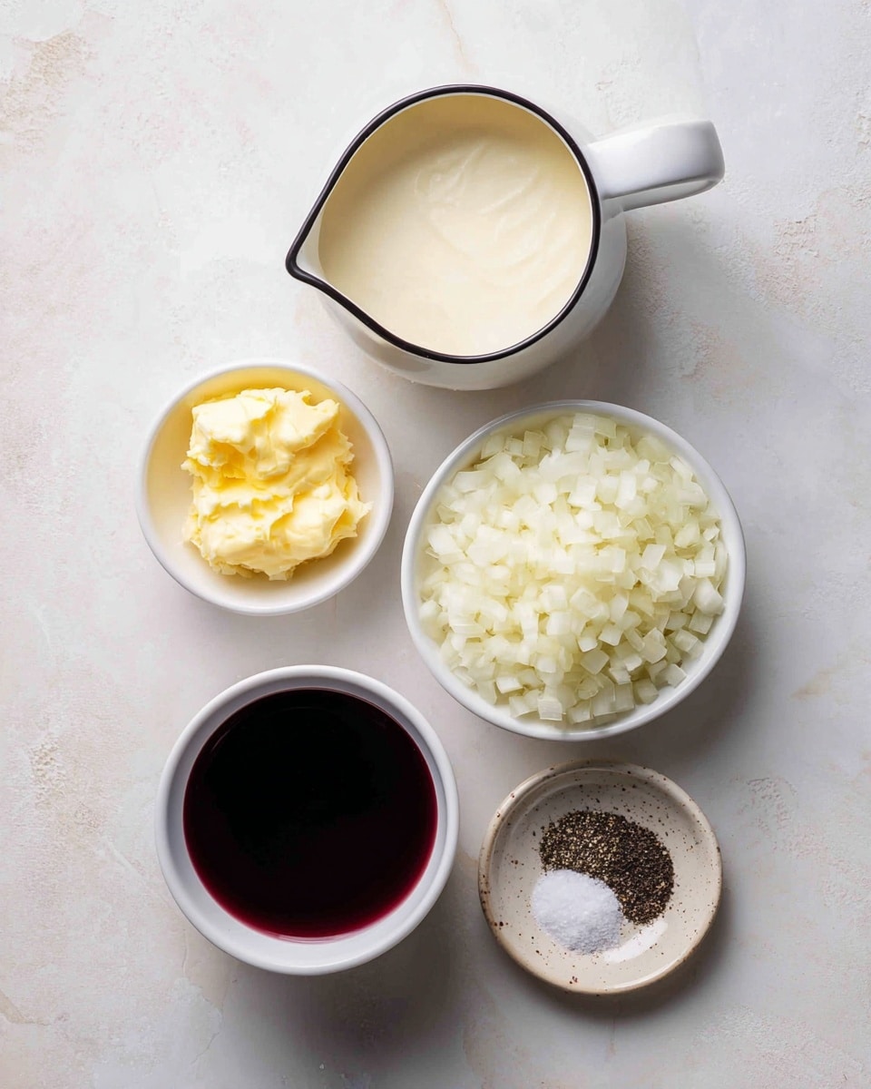 The image shows five small containers arranged on a white marbled surface, each holding a different ingredient. At the top is a white measuring jug with a black rim, filled with a creamy white liquid. Below it to the left is a small white bowl containing bright yellow butter. Next to the butter, on the right, is another small white bowl filled with finely chopped white onions. Below these, there is a larger white bowl filled with a dark red liquid, and finally, to the right of it, a small round dish holds two separated piles of salt and black pepper. The lighting creates soft shadows around the containers. Photo taken with an iphone --ar 4:5 --v 7