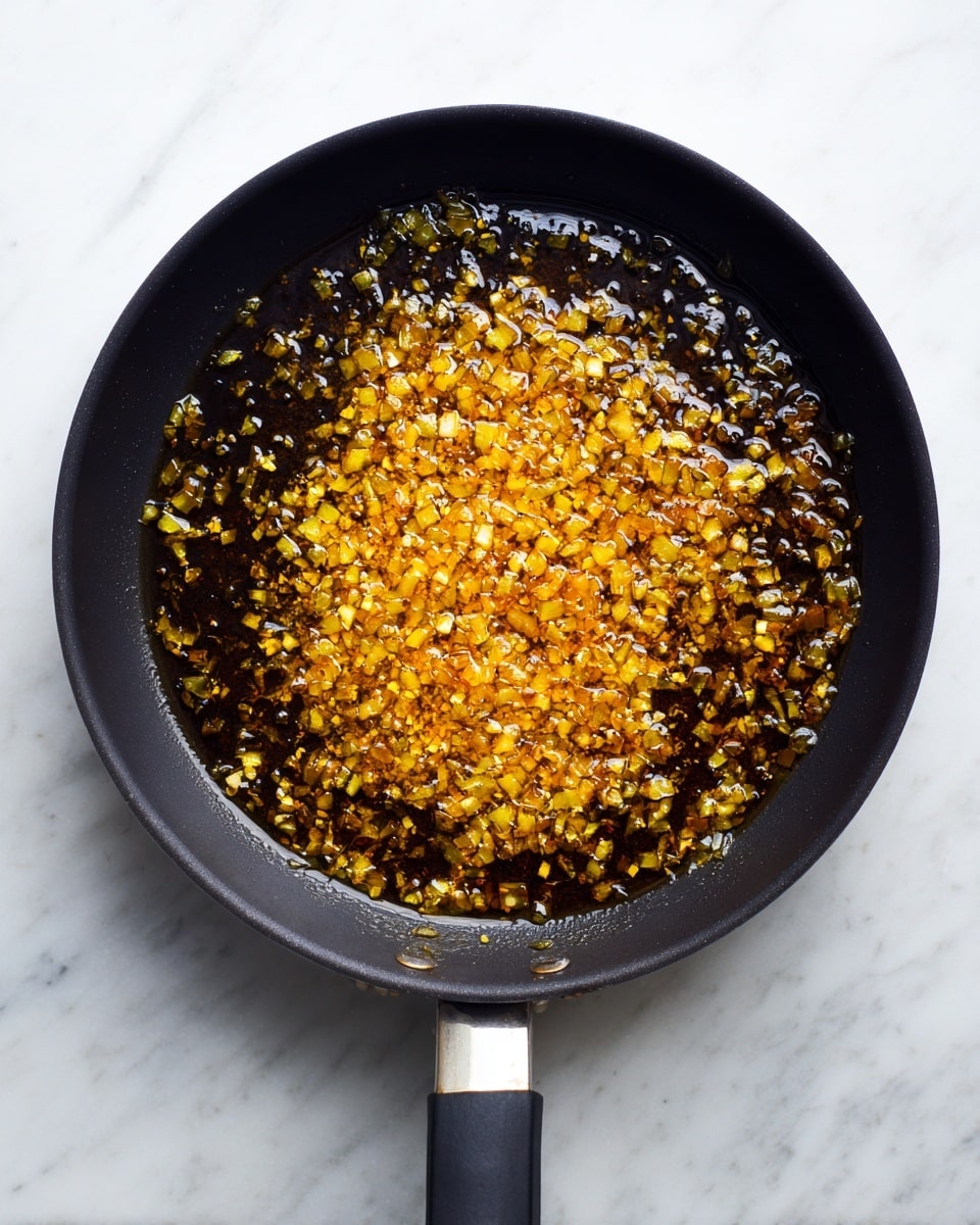 A black pan with a long black handle sits on a white marbled surface. Inside the pan, small yellow diced onions fry evenly in bubbling oil, showing a mix of translucent and golden brown colors. The onions cover about half of the pan’s interior, while the other half remains empty, showing the black pan surface. The texture of the sizzling onions looks soft and slightly crispy in spots. The scene is lit evenly from above. Photo taken with an iphone --ar 4:5 --v 7
