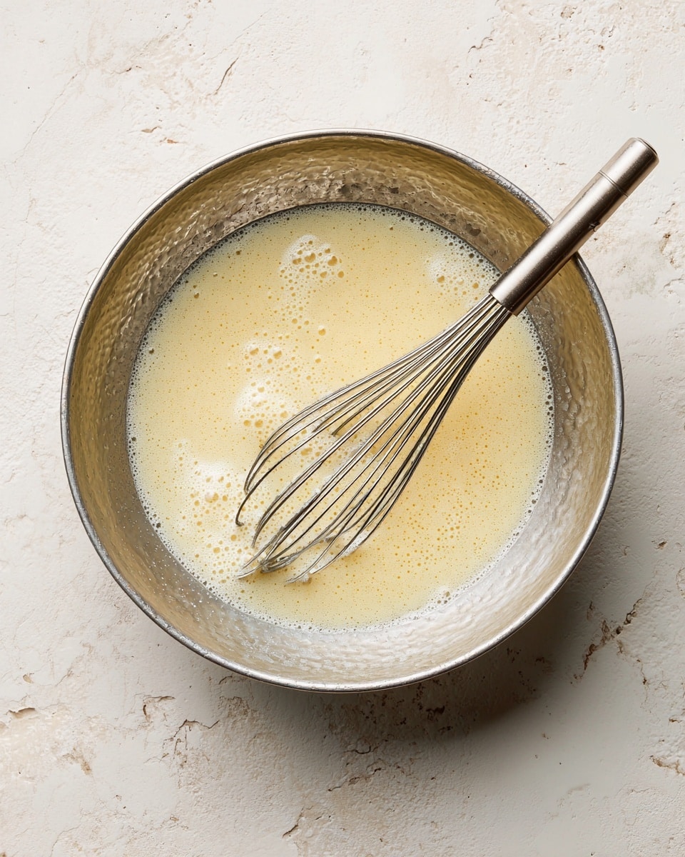 A round metal bowl filled with a pale yellow liquid mixture that looks smooth with small bubbles on the surface. Inside the bowl, there are two silver whisks resting on the right side, partially submerged in the liquid. The bowl sits on a white marbled surface that has light beige and grey textures. The scene is lit evenly with soft shadows around the bowl. photo taken with an iphone --ar 4:5 --v 7