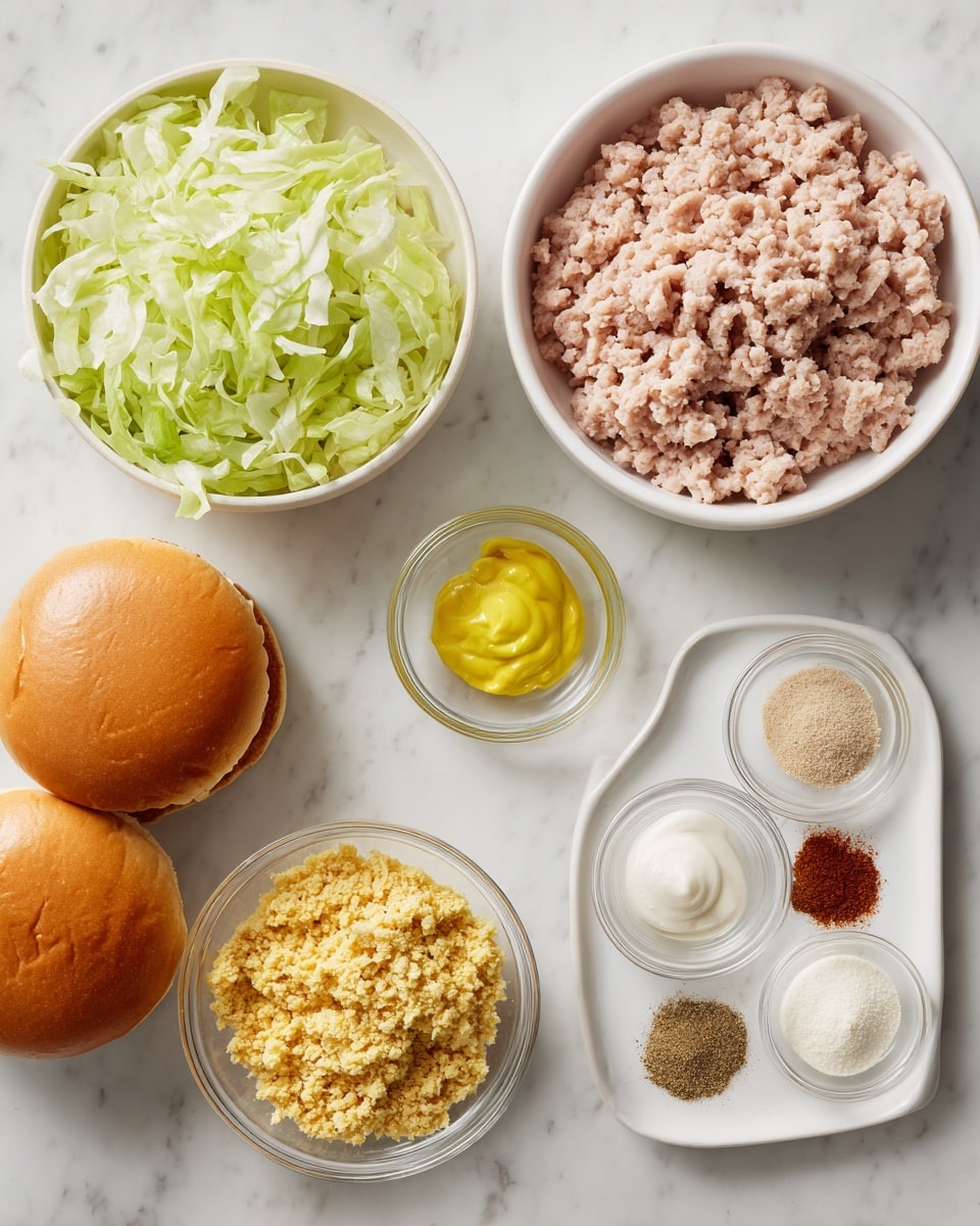 The image shows six items arranged neatly on a white marbled surface. At the top right is a white bowl filled with light pink ground meat. Below it to the left is a white bowl containing shredded light green lettuce. To the right of the lettuce, a small white plate holds four different spices in separate piles: white, light beige, brown, and red. Below the spices, there are two small clear glass bowls, one with a dollop of bright yellow mustard and the other with white sauce. To the left of these bowls is a larger white bowl filled with bright yellow crumbs or coating mix. At the bottom left, two hamburger buns with a golden-brown top are placed side by side. photo taken with an iphone --ar 4:5 --v 7