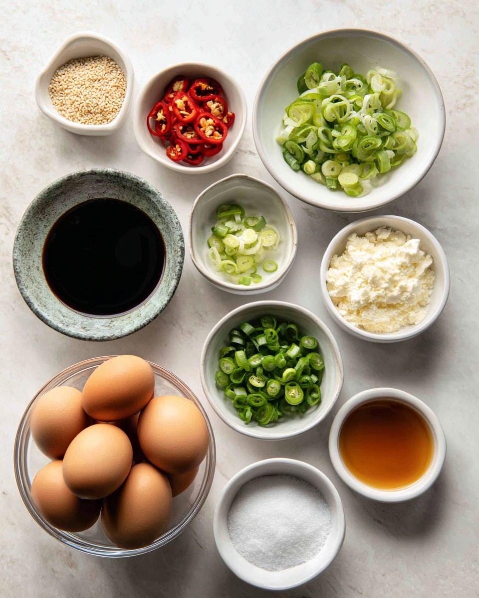 The image shows a white marbled surface with various small white bowls neatly arranged with ingredients, plus a clear bowl with six brown eggs. There is a bowl with dark soy sauce, one with sliced red chili peppers, one with chopped garlic, one with chopped green onions, one with sliced green chili peppers, one with sesame seeds, one with white salt, one with white sugar, and one with a light brown syrupy liquid. The bowls are spaced evenly and viewed from above, creating a clean and organized food ingredient layout photo taken with an iphone --ar 4:5 --v 7