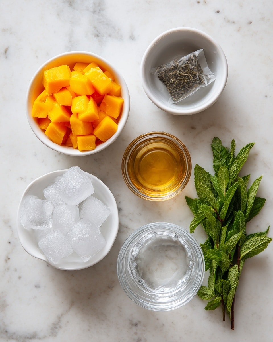 A top view of four small white bowls on a white marbled surface, each holding different ingredients: the top left bowl is filled with bright orange diced fruit pieces, the bottom left bowl holds clear ice cubes, the top right bowl contains a dark tea bag resting inside, and the bottom right is an empty transparent glass bowl. Next to the top right bowl is a small bunch of fresh green mint leaves with stems. Photo taken with an iphone --ar 4:5 --v 7