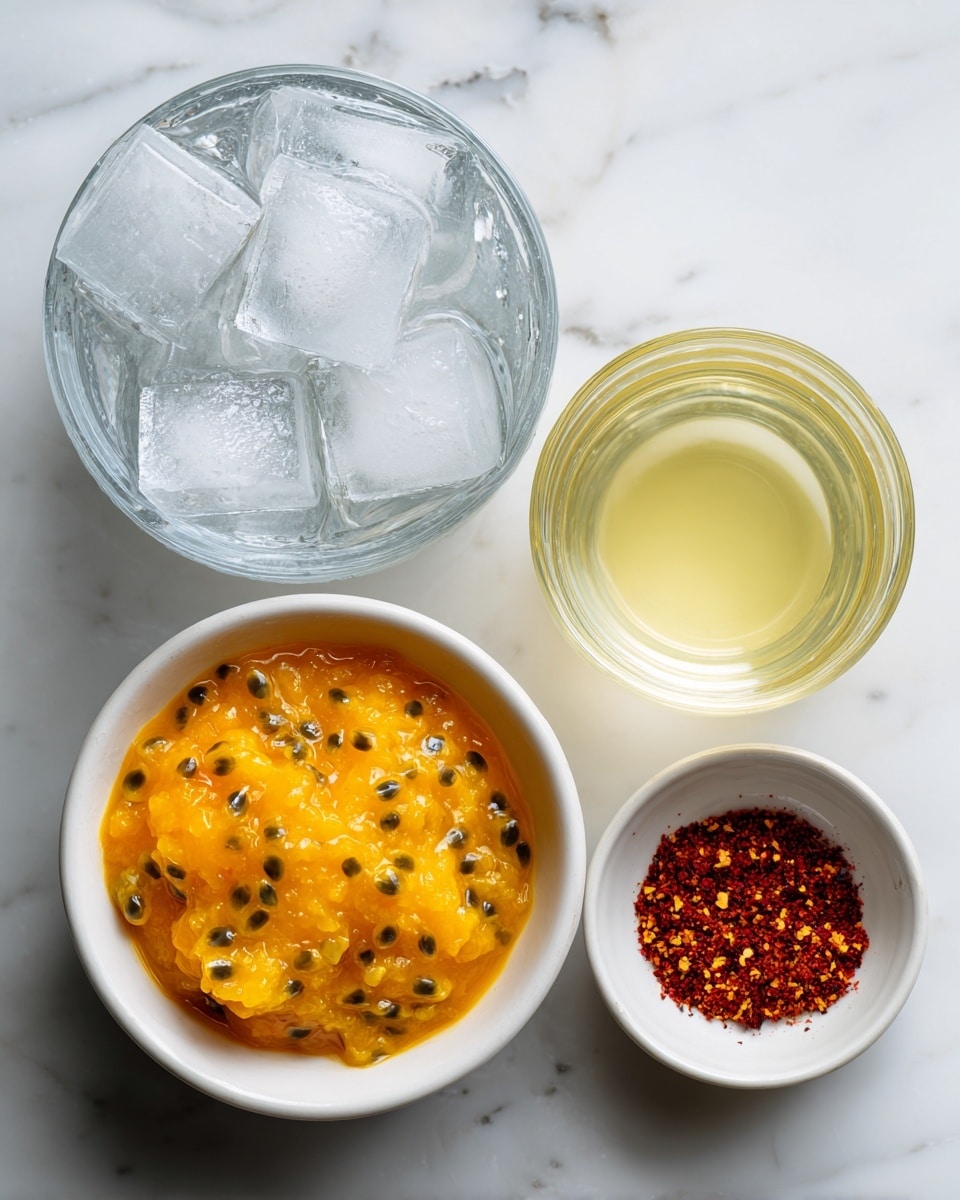 The image shows four bowls and a cup on a white marbled surface, each containing different ingredients. The largest bowl at the bottom left is clear glass and filled with clear ice cubes of various sizes. Above it, there is a white bowl filled with bright orange passion fruit pulp with visible black seeds. To the right of the pulp bowl is a clear glass cup with light yellow liquid inside. At the bottom right is a small white bowl filled with coarse red chili flakes or powder. The items are neatly arranged in a loose square shape. photo taken with an iphone --ar 4:5 --v 7
