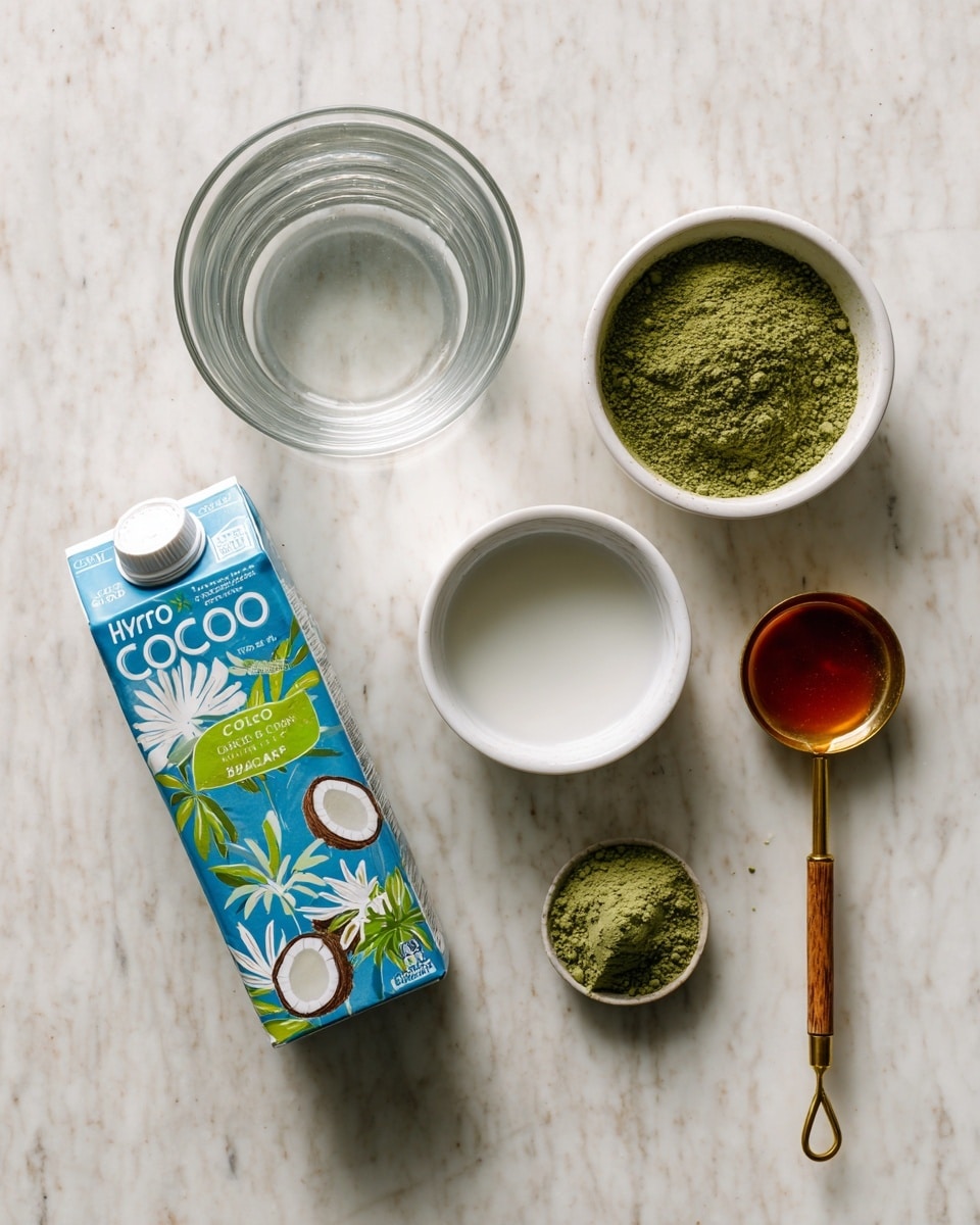 The image shows five items arranged on a white marbled surface: a carton of Hydro Coco Original lying flat with a bright blue and green design featuring coconut images; a small white bowl filled with a white liquid placed near the middle; a clear glass bowl with water above the white bowl; a small white container filled with green powder to the right of the glass bowl; and a gold measuring spoon with a wooden handle holding a dark amber liquid placed vertically beside the green powder container. photo taken with an iphone --ar 4:5 --v 7