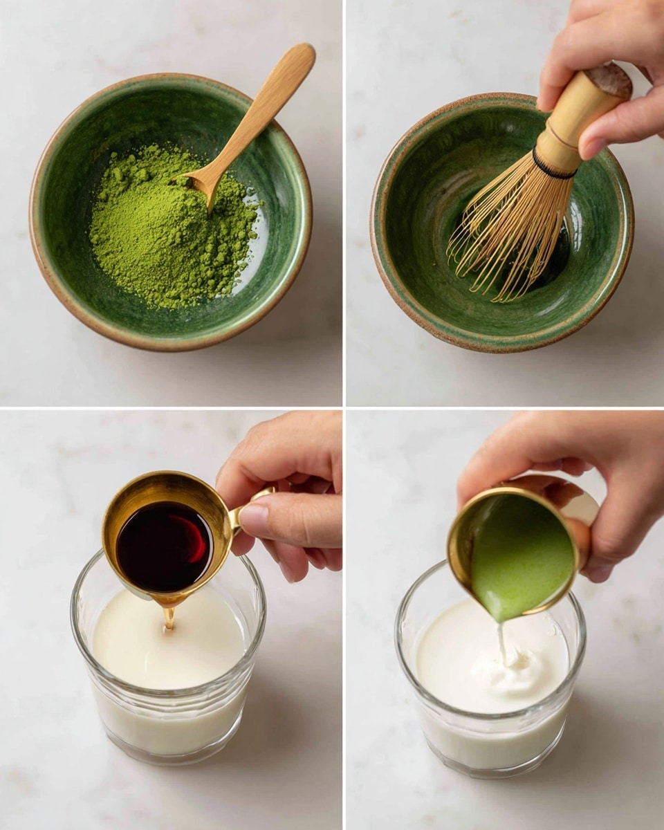 The image shows four steps of making a green matcha drink. In the first step, bright green matcha powder is being sifted with a wooden spoon on top of a green bowl. The second step shows a woman's hand whisking the green matcha powder mixed with water in the same green bowl. In the third step, a woman's hand pours dark brown syrup from a small gold measuring cup into a clear glass with white milk at the bottom. The fourth step shows a woman's hand pouring the green matcha liquid from the green bowl into the clear glass with milk. The surface is white marbled. Photo taken with an iphone --ar 4:5 --v 7