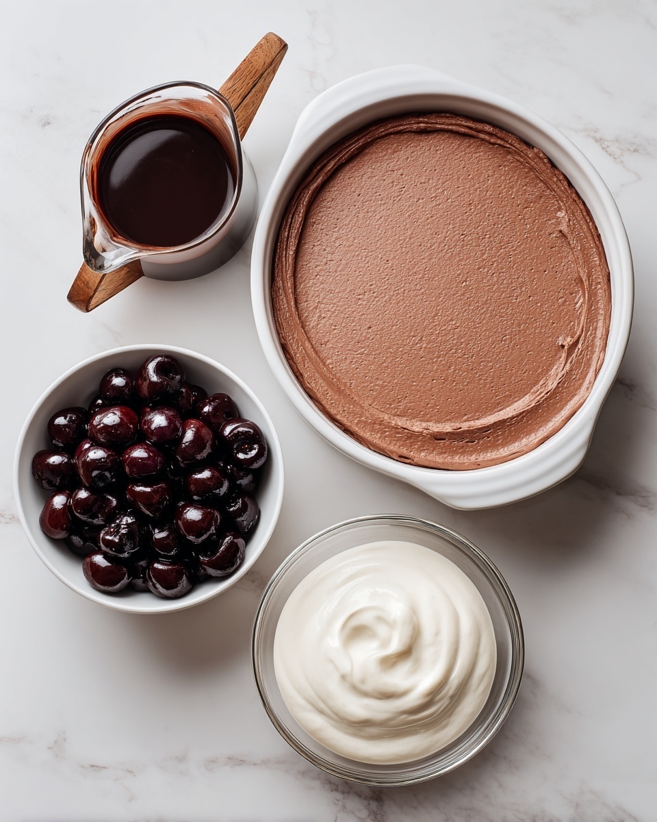 The image shows four containers on a white marbled surface. The biggest container, a white oval dish, holds a smooth layer of brown chocolate mousse, evenly spread and covering the entire dish. Above it to the left is a small glass jug with a wooden handle, filled with dark chocolate sauce. To the right of the jug, a round glass bowl is filled with a thick white cream, smooth and shiny on top. Below the cream bowl, a smaller white bowl contains dark, shiny cherries clustered together, with a glossy texture and deep red color. Photo taken with an iphone --ar 4:5 --v 7
