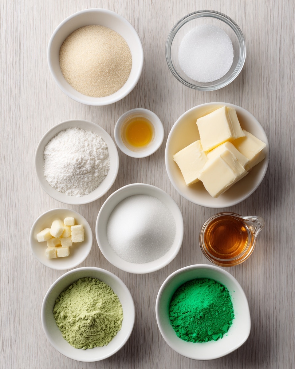 The image shows an organized top-down view of ingredients placed in clear and white bowls arranged in three vertical columns on a light wooden textured surface. From top to bottom, the first column contains a white bowl filled with light beige powder, a small glass bowl with white granulated sugar, a small bowl with light yellow butter cubes, and a white bowl with white powder. The middle column has a white bowl of white powder, a clear bowl with two large chunks of pale yellow butter, a tiny glass jug with amber liquid, and a white bowl with cream. The third column displays a white bowl filled with white powder, a small white bowl with bright green powder, a clear bowl with a clear egg white, and another small white bowl of vibrant green powder. The layout is clean and minimalistic, with simple bowls and an uncluttered light wood surface. photo taken with an iphone --ar 4:5 --v 7