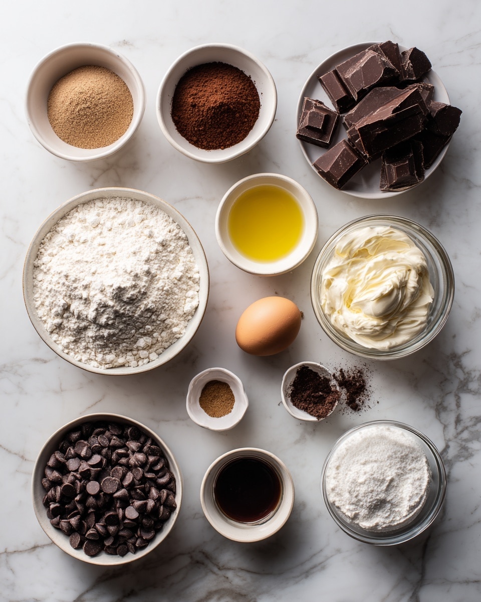 The image shows 13 small white bowls and one brown egg arranged neatly on a white marbled surface. The largest bowl in the bottom left corner is filled with white flour. Above it, there are bowls with light brown sugar, dark brown cocoa powder, and white granulated sugar. Two bowls on the right side contain dark and milk chocolate chunks. Near the center, a small bowl holds a clear yellow oil. To the right bottom corner, there are three smaller white bowls filled with thick white sour cream, dark vanilla extract, and a mix of baking soda, baking powder, and cocoa powder. At the top right, there is a larger glass bowl with cream and a bowl filled with dark chocolate chips. A brown egg is placed near the sour cream bowl. The items are evenly spaced and the lighting is soft and natural. photo taken with an iphone --ar 4:5 --v 7