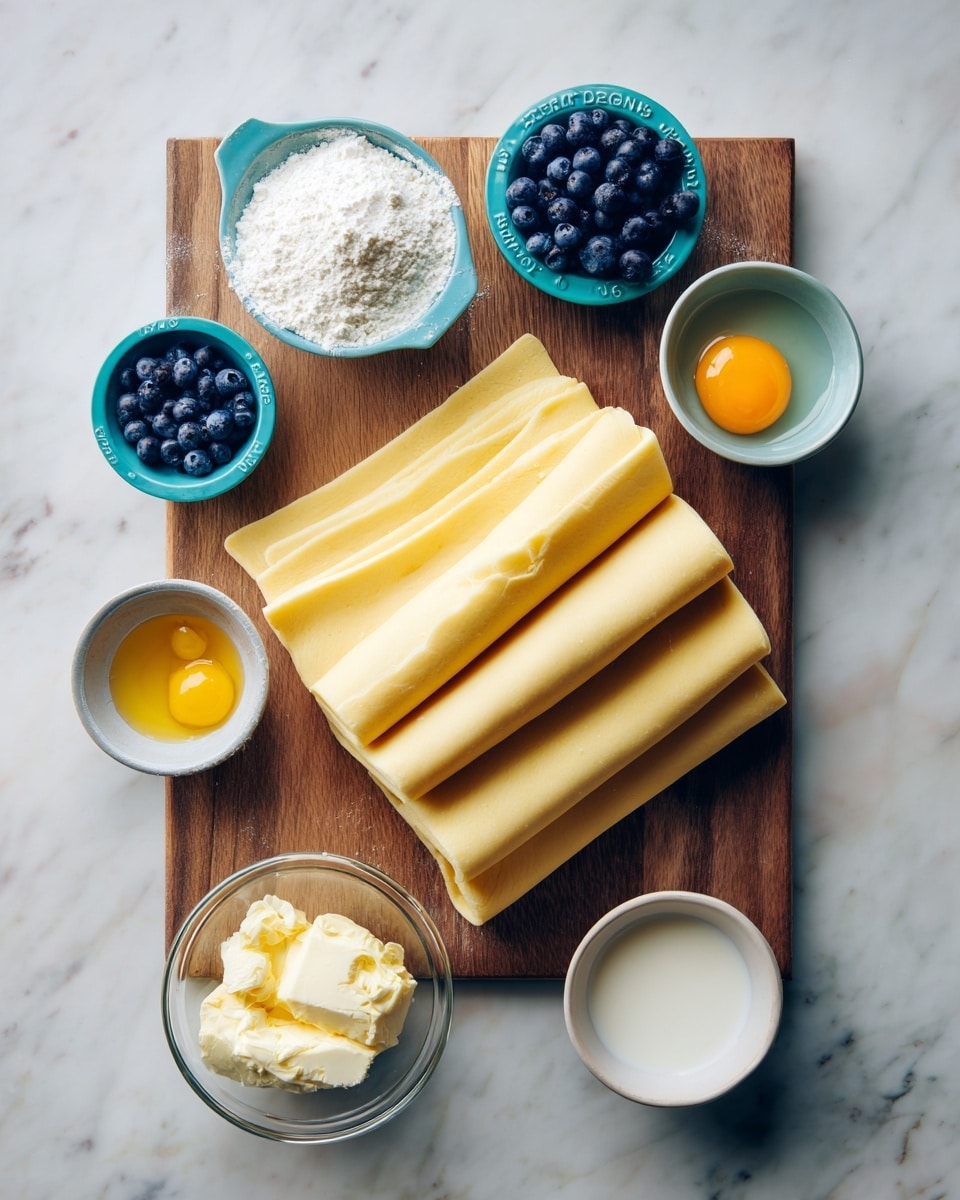 The image shows a wooden board with three folded layers of thin yellow dough stacked neatly on it, placed at the bottom center. Above the dough, there are six small bowls and measuring cups arranged on a white marbled surface: a turquoise measuring cup with white flour, a small turquoise measuring cup with blueberries, a small turquoise measuring cup with thick cream, a clear glass bowl with a raw egg yolk, a clear glass bowl with soft butter, and a small white bowl with a little milk. The colors contrast gently with the white marbled background. Photo taken with an iphone --ar 4:5 --v 7