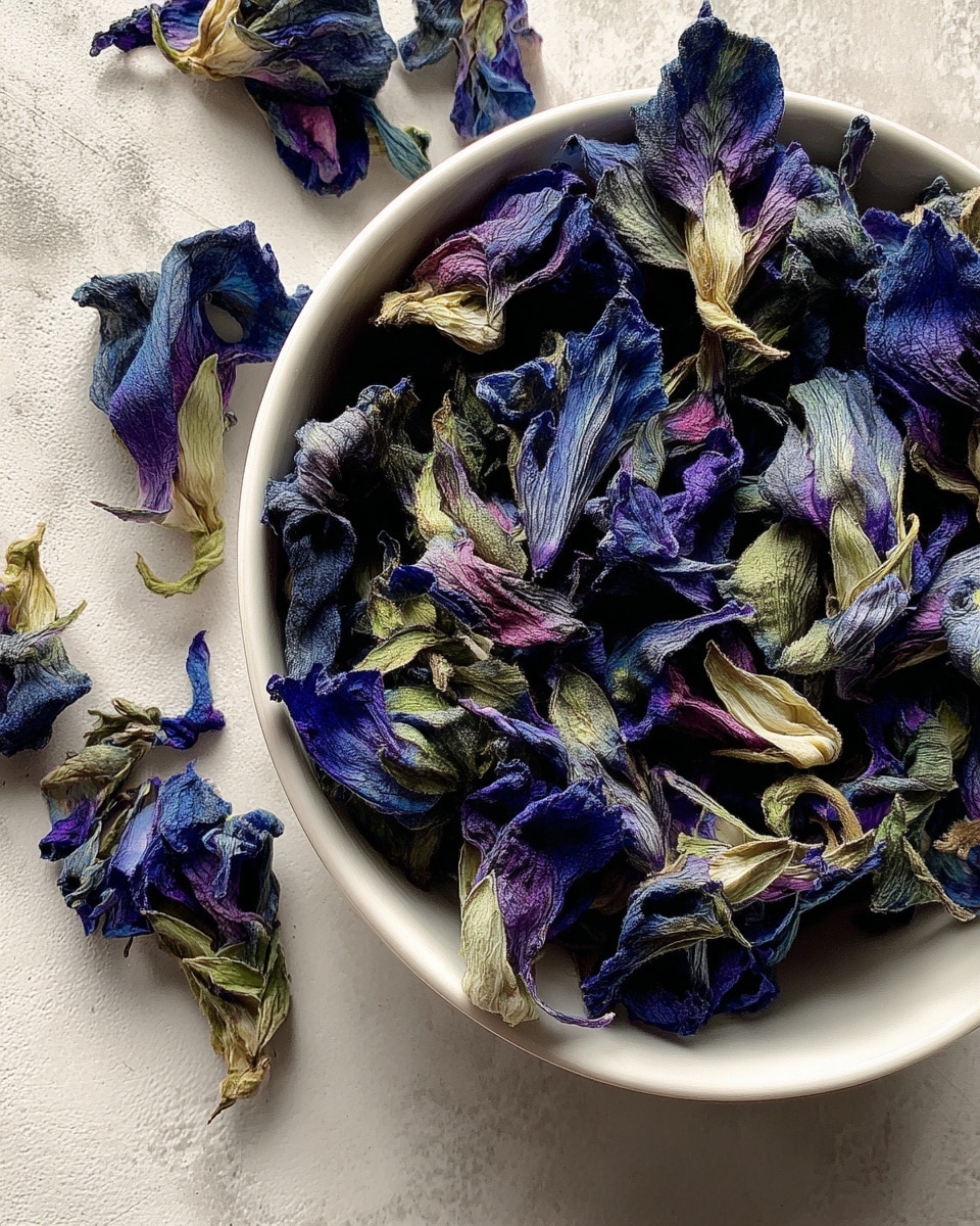 A white bowl filled with dried butterfly pea flowers, showing deep blue and purple petals with light green and beige stems, some flowers spilling onto the white marbled surface below. The dried petals have a wrinkled texture and a mix of dark and light shades, creating a natural, rustic look. Photo taken with an iphone --ar 4:5 --v 7
