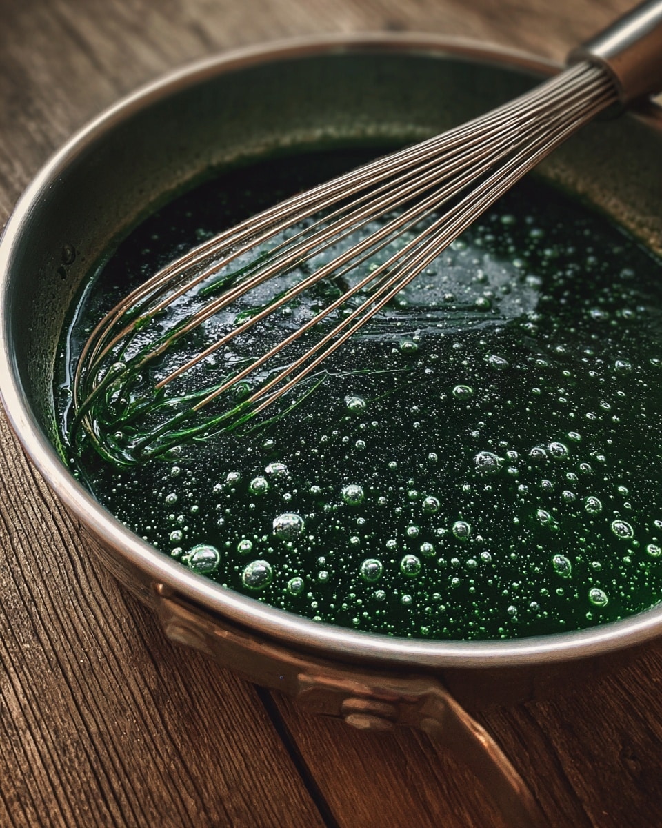 A close-up view of a silver metal pan filled with a shiny dark green liquid with small bubbles on the surface. Inside the pan, a silver metal whisk is partially submerged in the liquid, showing thin wires spread out. The pan is placed on a wooden surface. The photo taken with an iphone --ar 4:5 --v 7