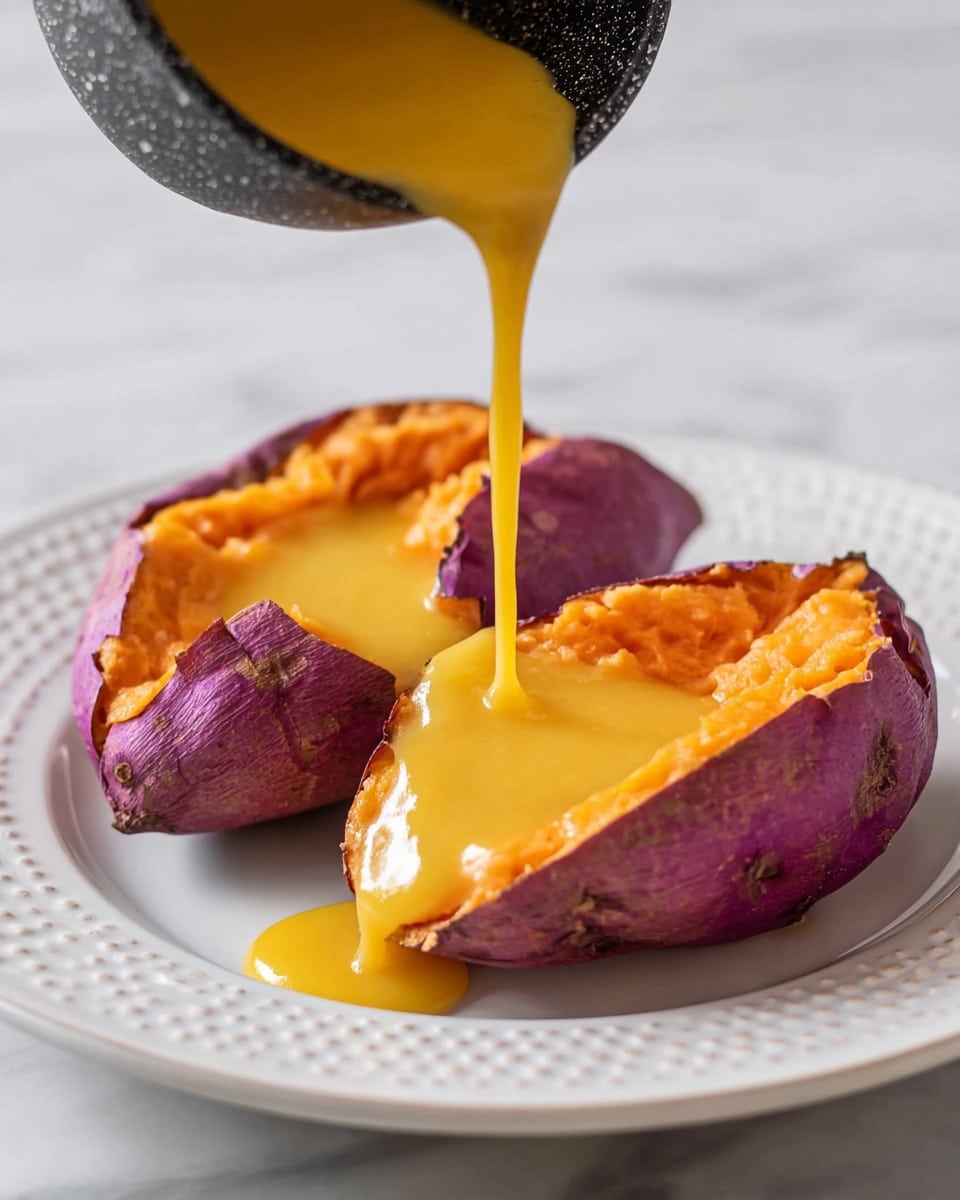 The image shows two purple sweet potato halves placed side by side on a white plate with a dotted edge. The sweet potatoes have a rough, textured purple skin with the inside hollowed out smooth and yellow. Thick, bright yellow sauce is being poured from a black speckled pan into the hollow centers of both sweet potato halves, filling them with a shiny, creamy layer that is slightly overflowing. The scene is set on a white marbled surface, and the flow of the sauce creates a smooth, glossy texture against the matte sweet potato skin. Photo taken with an iphone --ar 4:5 --v 7