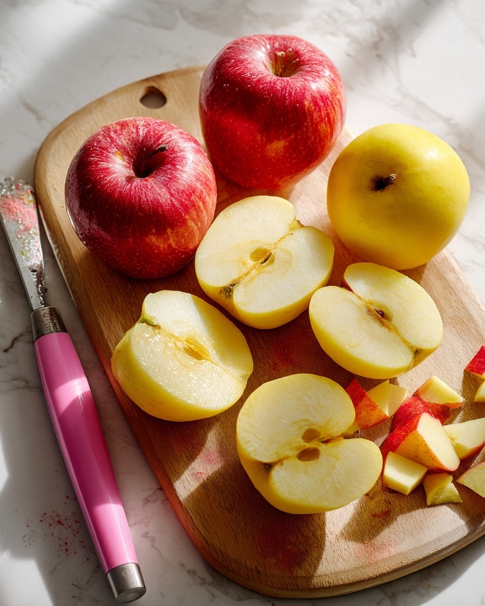 A wooden cutting board sits on a white marbled surface, holding five apples in total: two whole red apples, one whole yellow apple, and two peeled yellow apples showing a smooth pale color with small dark spots where the cores were removed. Around the apples are scattered pieces of red and yellow apple skin. To the left of the board lies a pink-handled peeler with traces of apple skin on its blade, suggesting recent use. The scene is bright with soft natural light highlighting the textures and colors. Photo taken with an iphone --ar 4:5 --v 7
