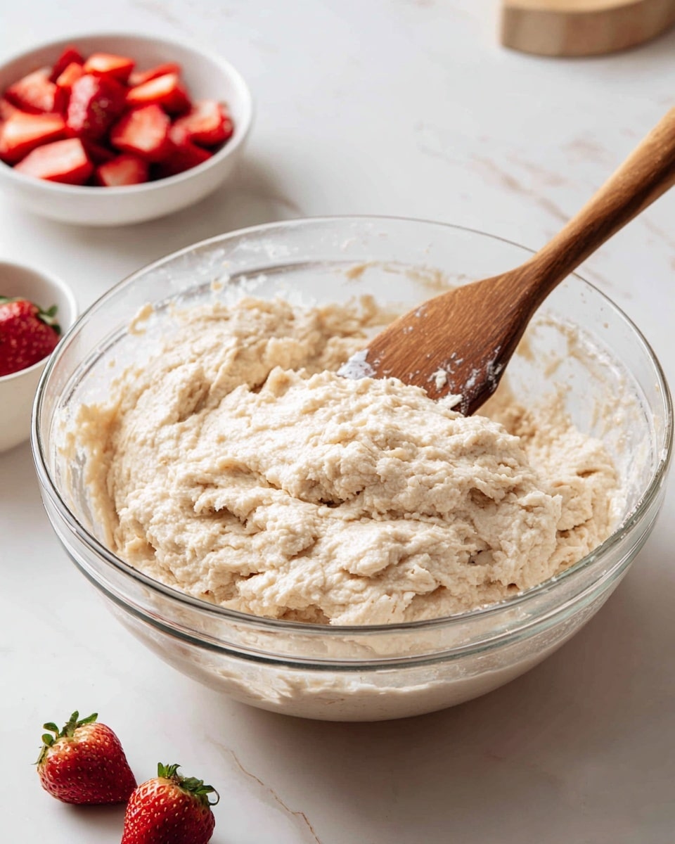 A clear glass bowl is filled with a single layer of sliced strawberries covering the whole bottom. On top of this layer there is a generous pile of white sugar sprinkled unevenly, with some sugar falling slightly over the edges of the strawberries. The strawberries are bright red and juicy with natural texture and shapes visible. Around the bowl, a few kitchen items are seen on a white marbled surface: a whole yellow lemon on the upper left, a white cloth near the top right, part of a white bowl with whole strawberries, a silver metal measuring spoon at the bottom left, and a small bowl filled with granulated sugar at the bottom right. Photo taken with an iphone --ar 4:5 --v 7